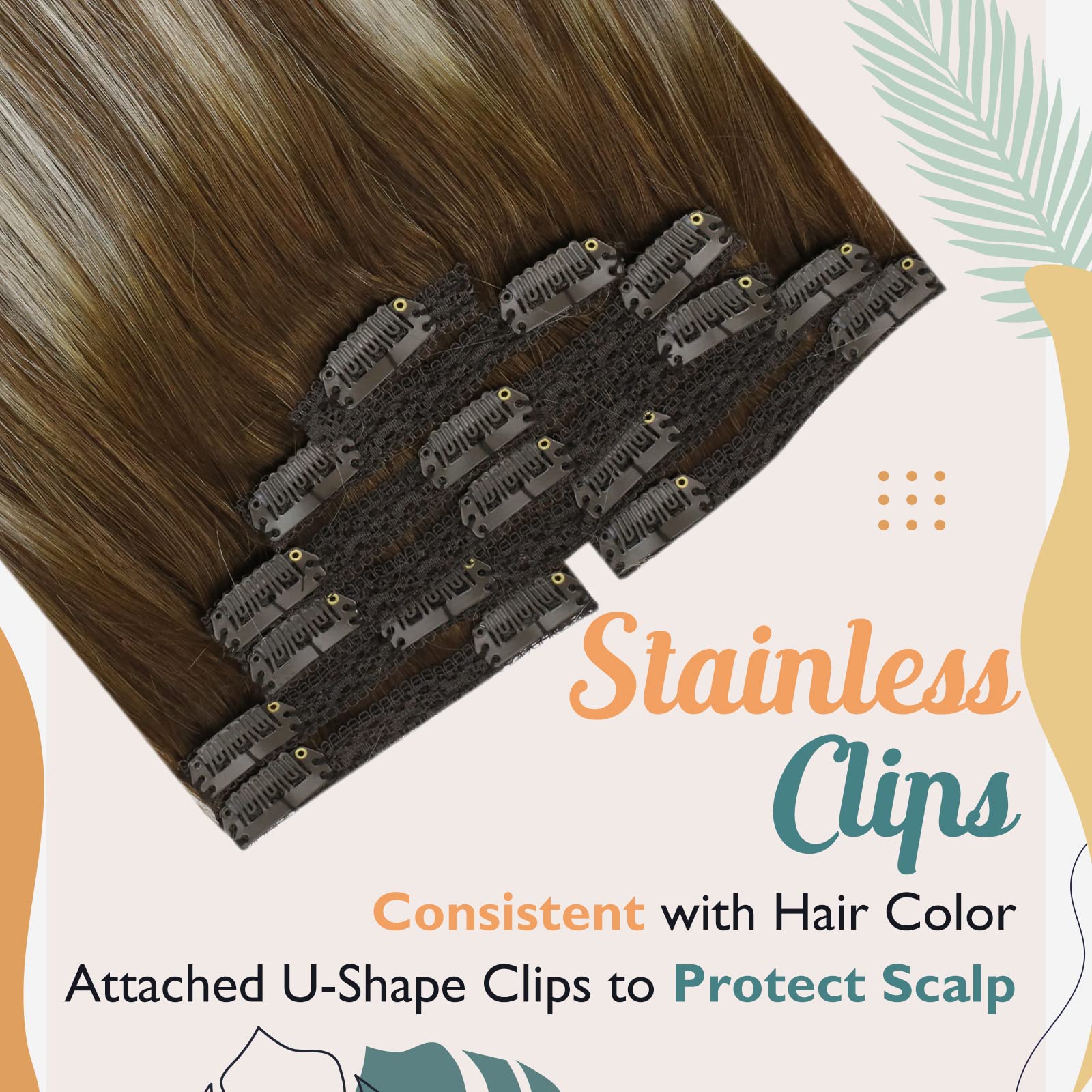Sunny Clip on Hair Extensions Human Hair Balayage Clip in Hair Extensions Ombre Meidum Brown to Platinum Blonde Invisible Clip i