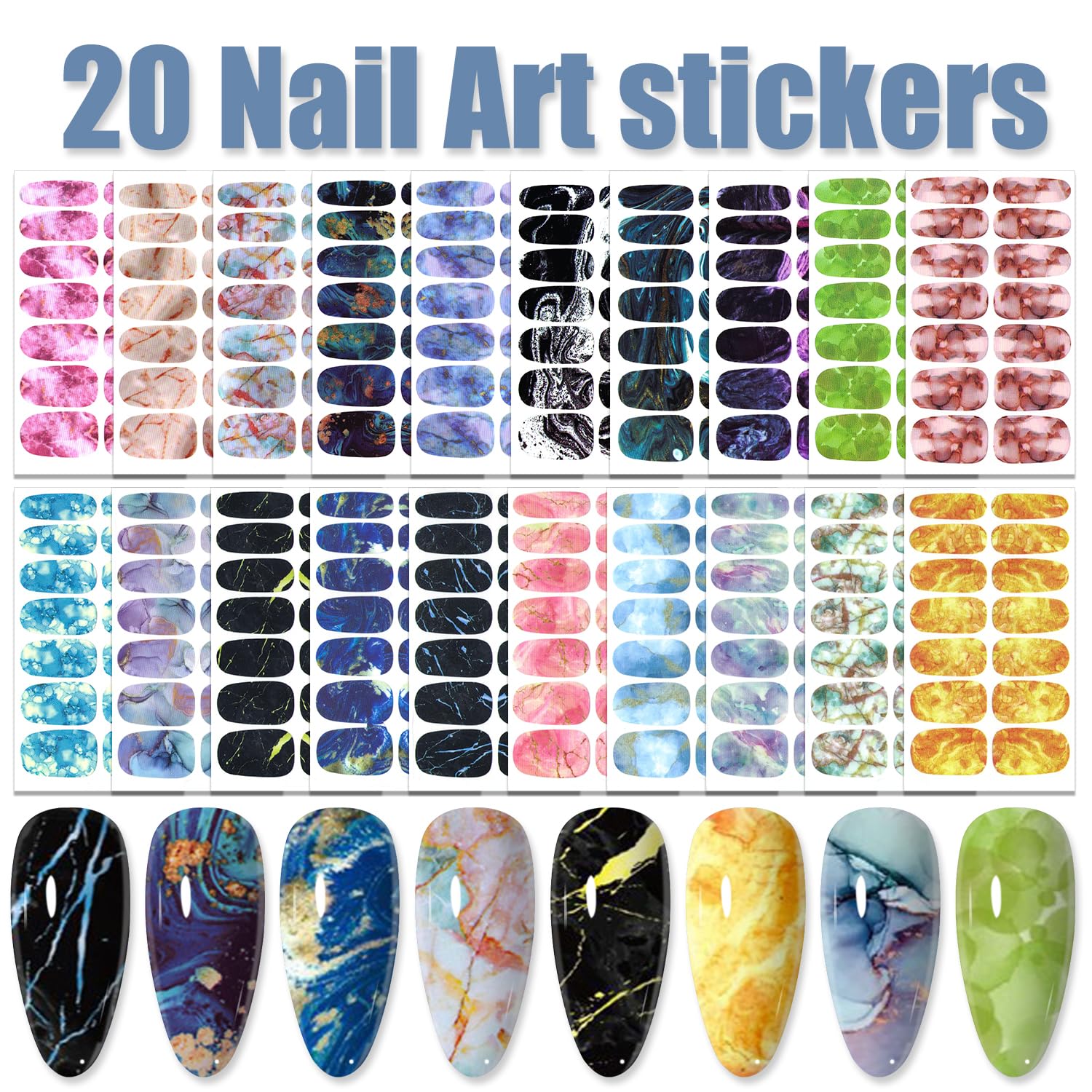 WOKOTO 20 Sheets Gradient Nail Polish Stickers Marble Nail Stickers Full Nail Wraps for Women Nails Gel Nail Strips Peel and Sti