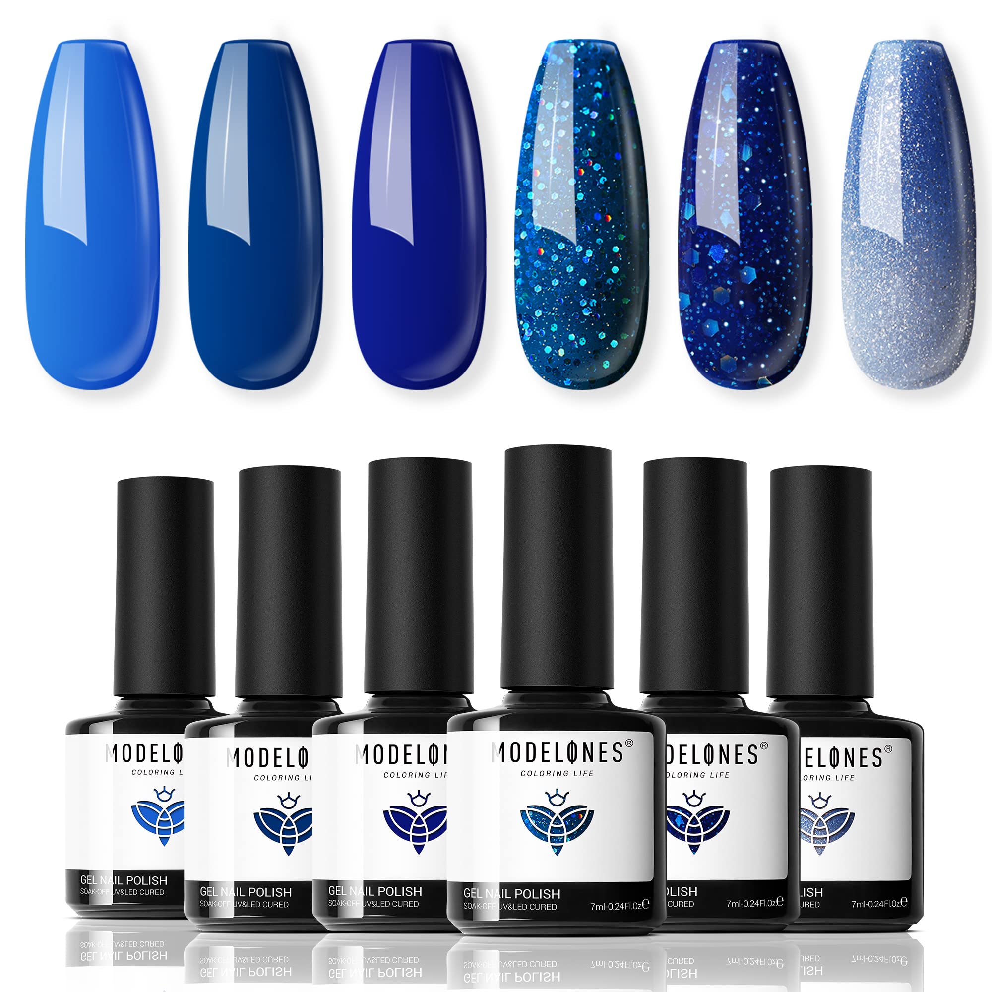 modelones Blue Gel Nail Polish Set, 6 Blue Color Changing Gel Polish Dark Blue Glitter Nail Polish Gel Kit Soak Off Navy Blue LE