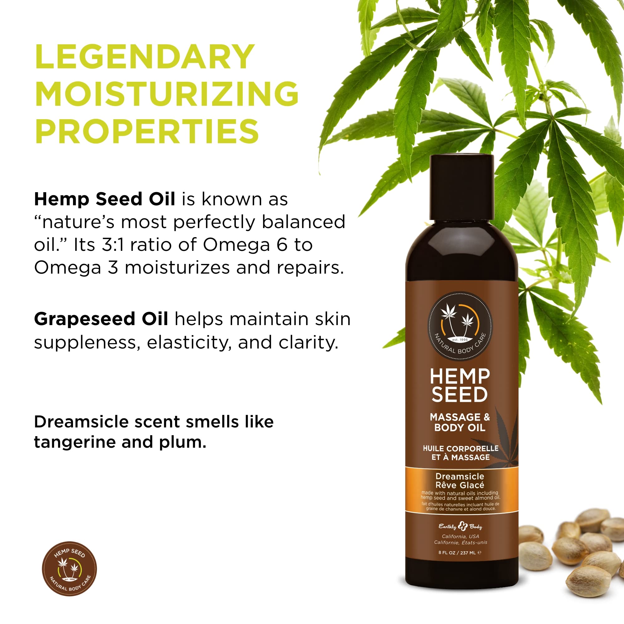 Hemp Seed Massage & Body Oil, Dreamsicle Scent - 8 fl. oz. - Nourishing, Moisturizing Massage Oil - Hemp Seed, Apricot, Grapesee