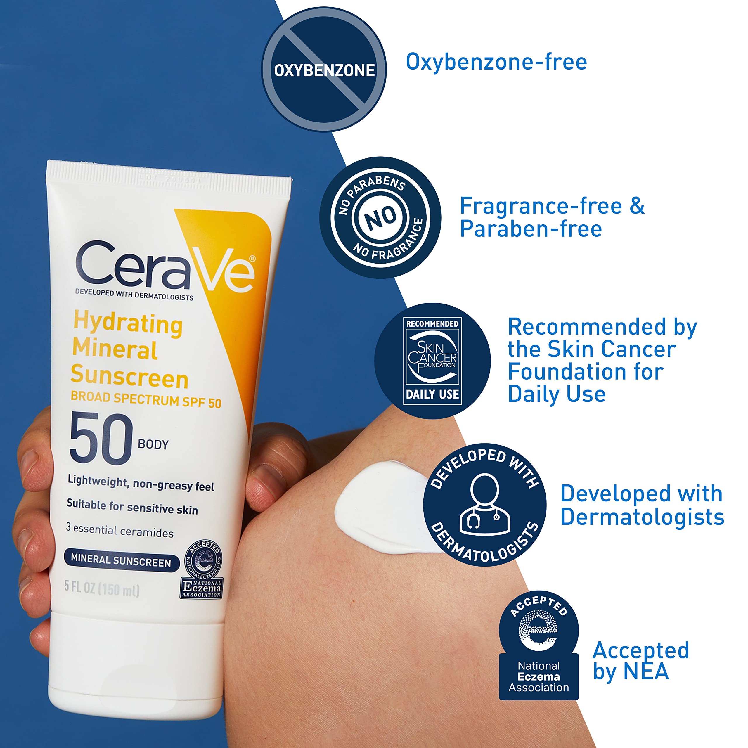 Cerave 100% Mineral Sunscreen Spf 50 | Body Sunscreen With Zinc Oxide & Titanium Dioxide | Hyaluronic Acid & Ceramides | Oil Fre