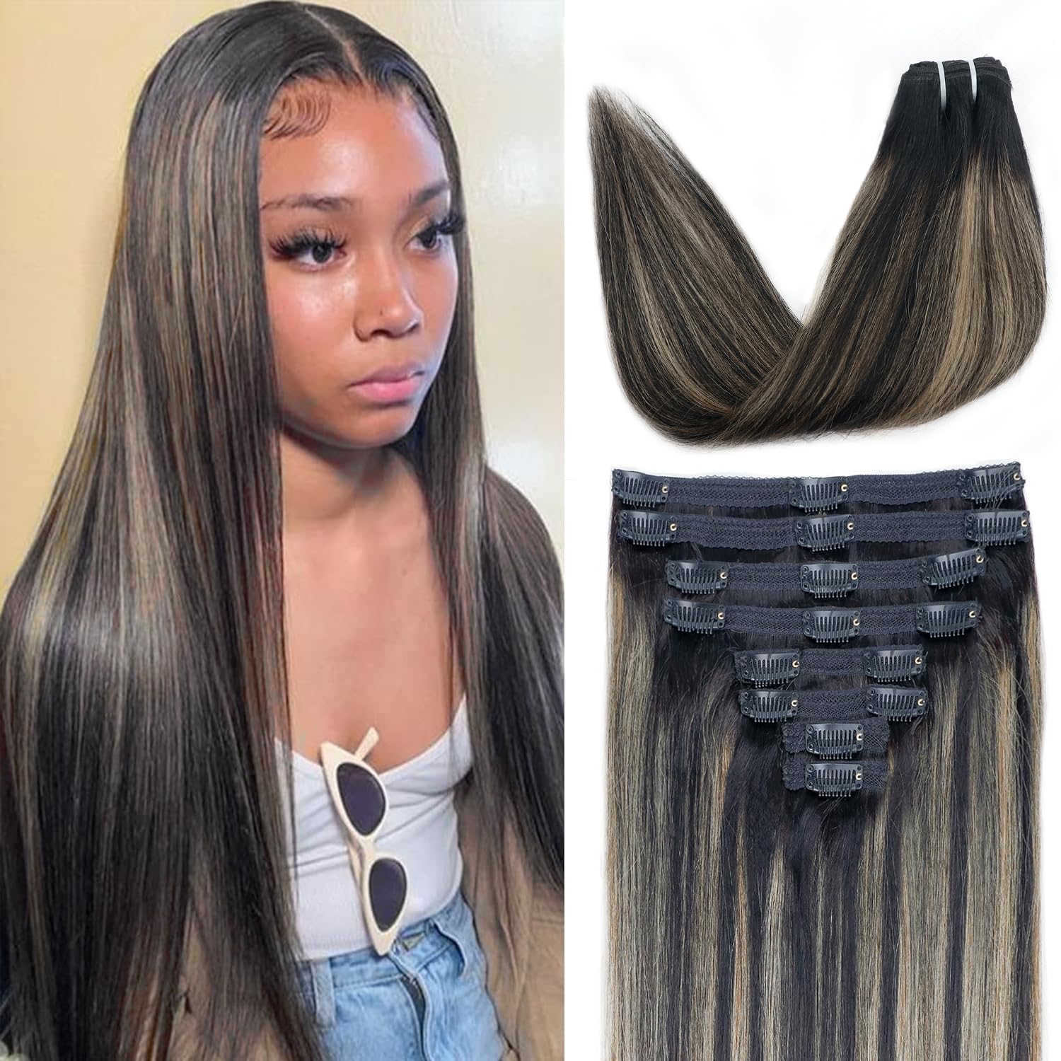 FB27 Highlight Ombre Clip In Hair Extensions Real Human Hair Straight Clip In Black to Blonde Human Hair Extensions Balayage Cli