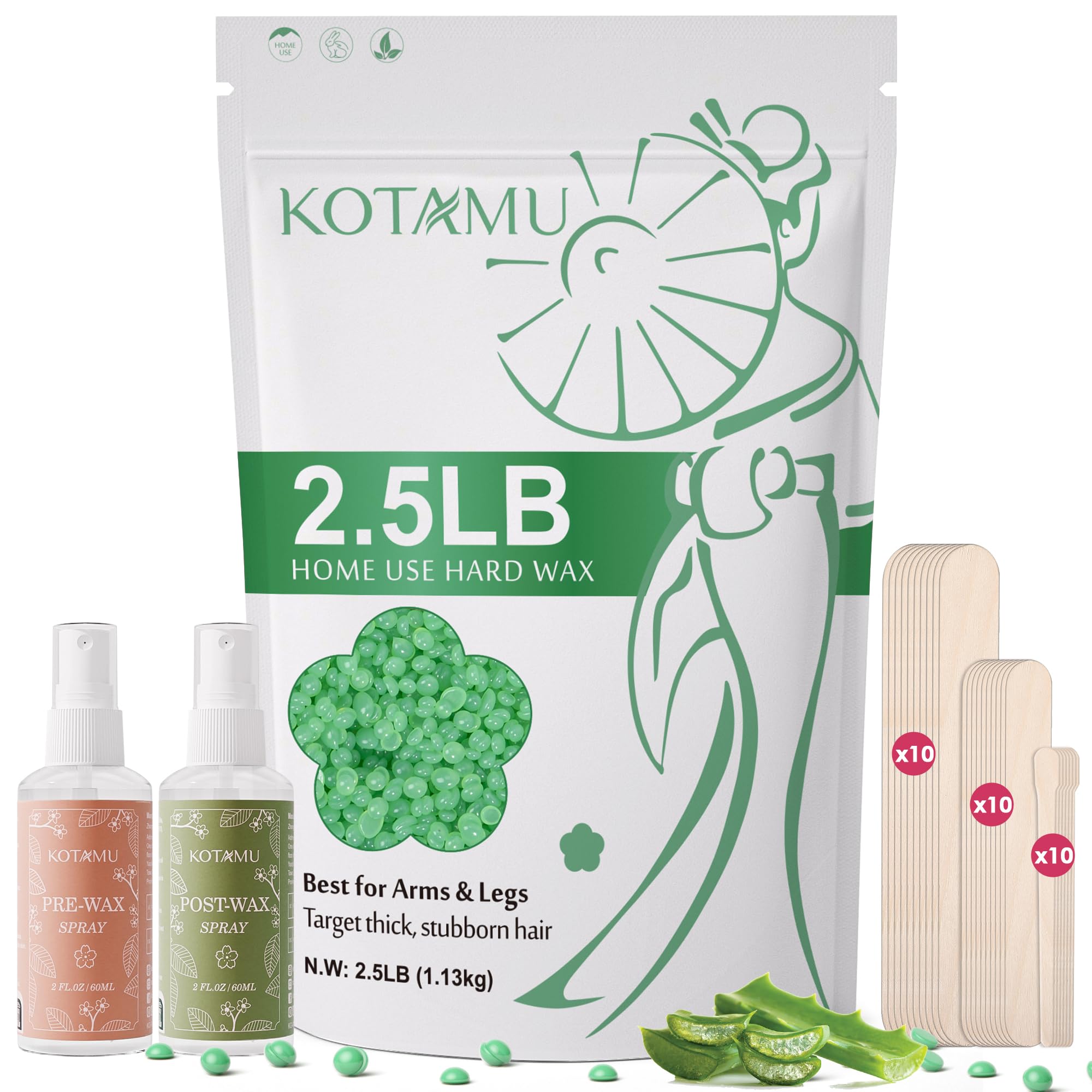 KOTAMU Waxing Beads for Women & Men, 2.5lb Hard Wax Beads for Hair Removal, Aloe Vera Wax Beans Bulk with 30 Wax Sticks Suitable