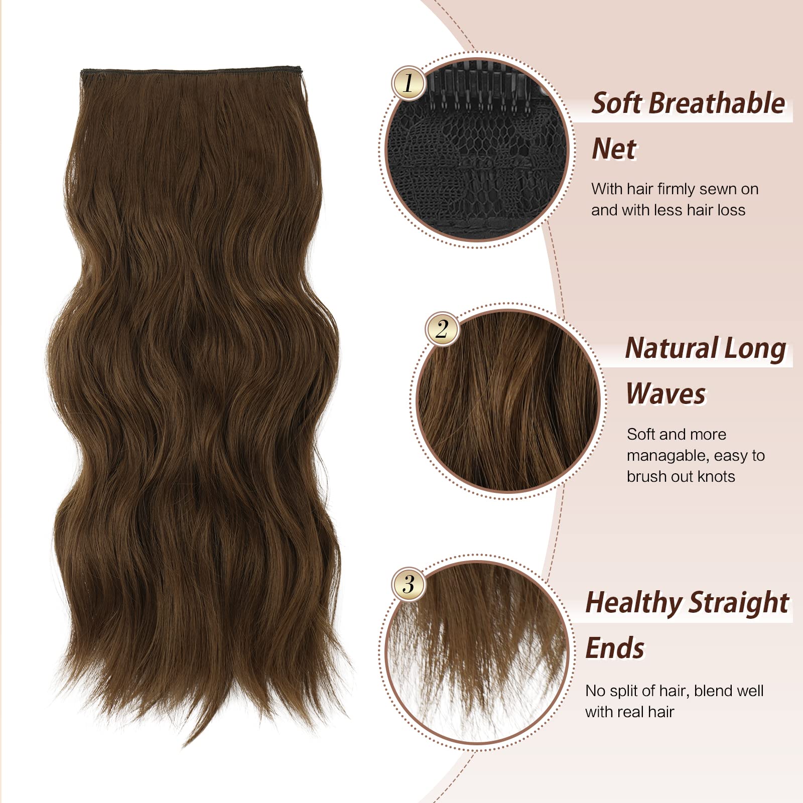 FESHFEN Clip in Hair Extensions - 4 PCS Long Wavy Thick Clip in Hairpieces Full Head Synthetic Hair Extension for Women, Chestnu