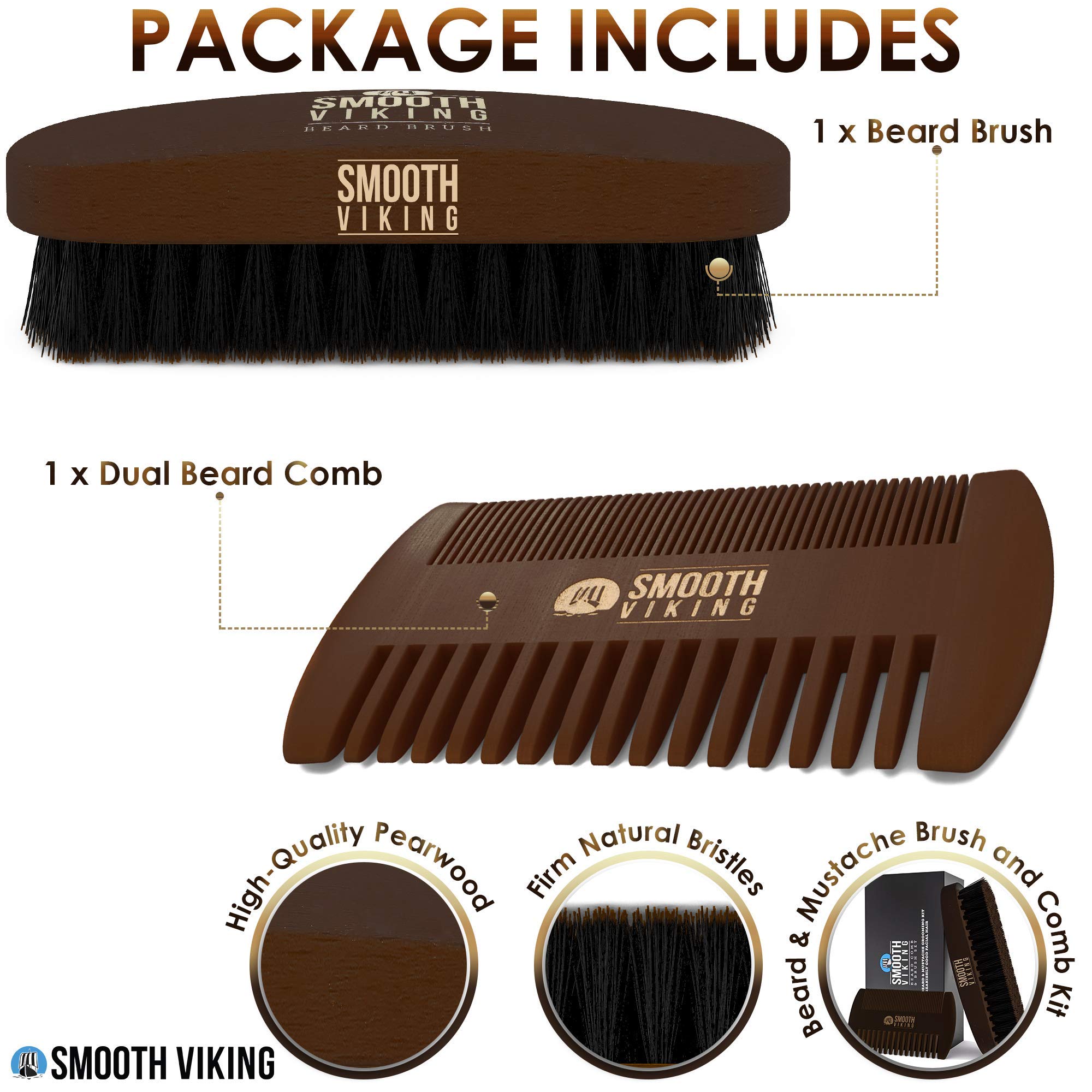 Smooth Viking Beard Brush & Comb Gift Set For Men - Natural Boar Bristle Hair Brush & Wooden Comb, Boar Brush For Facial Hair St