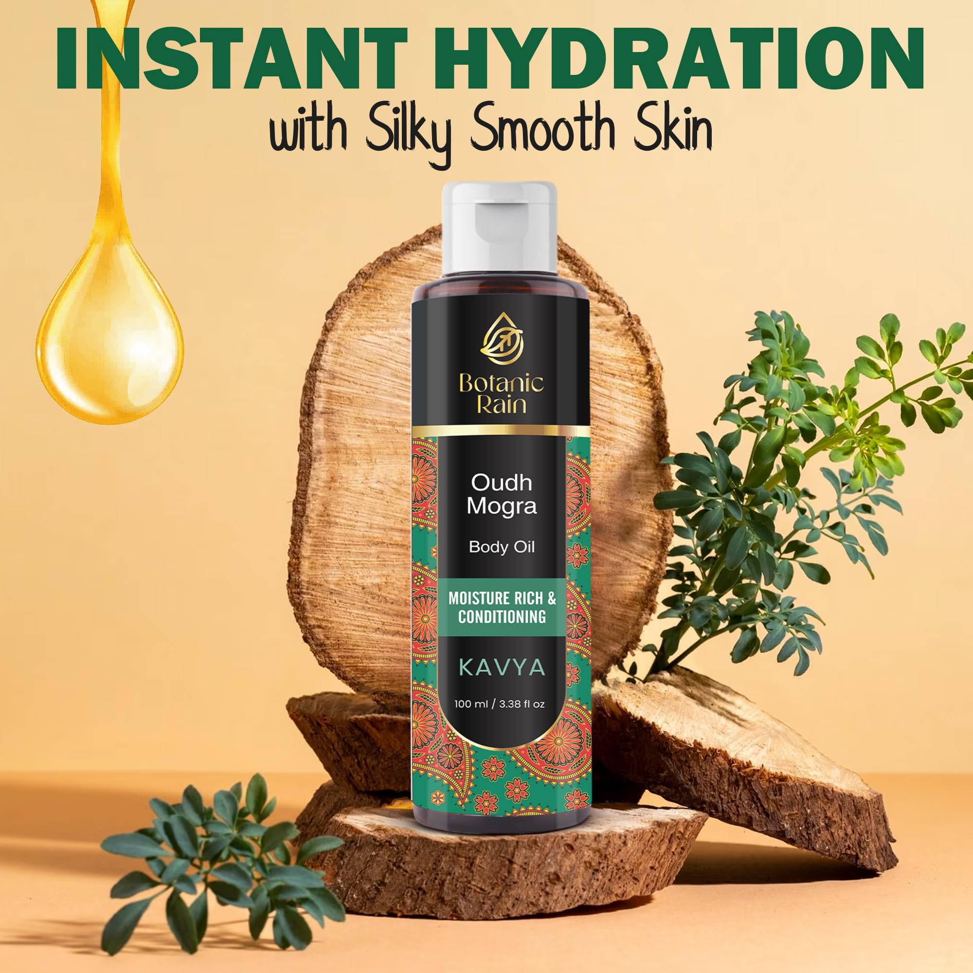Botanic Rain Ayurveda Body Oil With Oudh & Mogra, Organic Body Oil After Shower, Moisturizing & Hydrating Natural Body Oils For