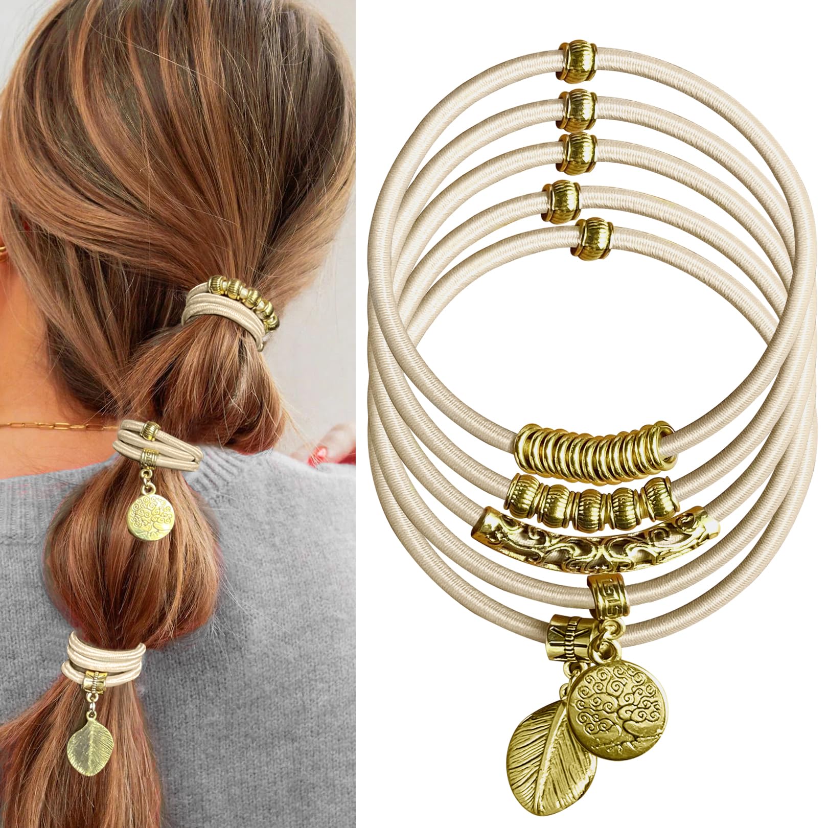 Blonde Boho Hair Ties Bracelet for Women, Cute Ponytail Holders Vintage Gold Hair Accessories for Girls Elastic Hair Tie Bracele