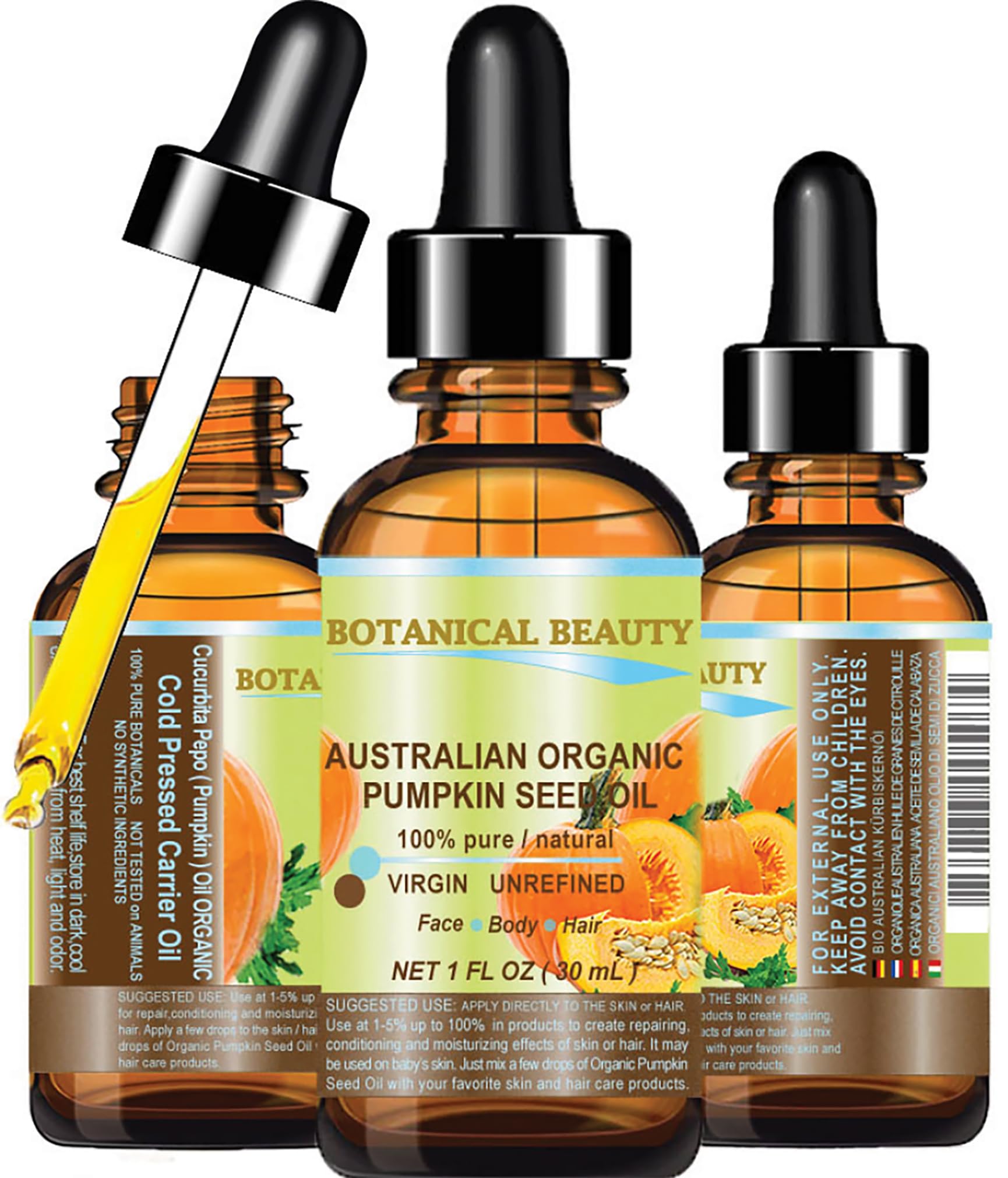 Organic Pumpkin Seed Oil Australian. 100% Pure/Natural/Undiluted/Unrefined Cold Pressed Carrier Oil. 1 Fl.Oz.- 30 Ml. For Skin,