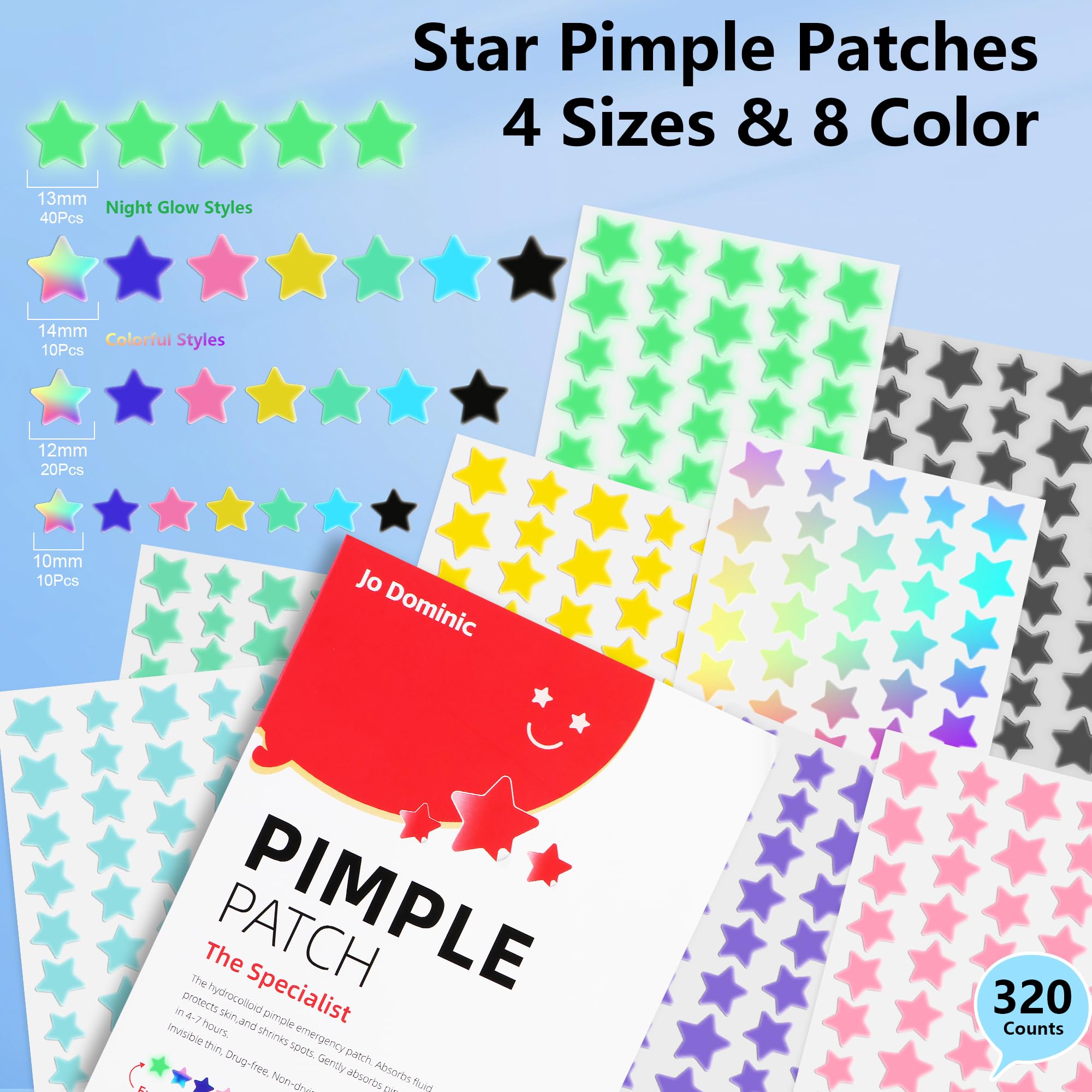 Jo Dominic Pimple Stars Patches For Face, 4 Size 320 Counts Acne Patches, Hydrocolloid Patches For Covering Zits And Blemishes,