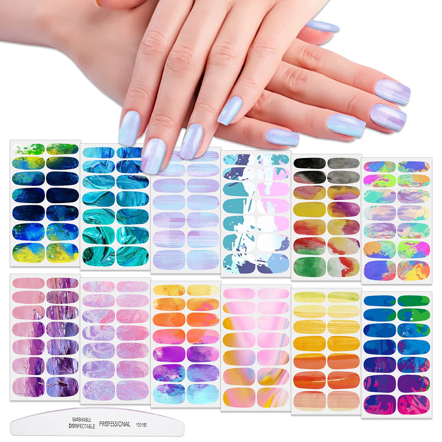 WOKOTO 12 Sheets Colorful Gradient Nail Polish Stickers Full Nail Stickers For Women Marble Nail Art Self Adhesive Stickers Full