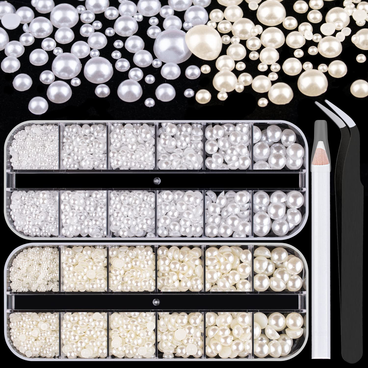 2700 Pcs Flat Back Pearls Kits 1 Box of Flatback White+1 Box of Beige Half Round Pearls with Pickup Pencil And Tweezer for Home