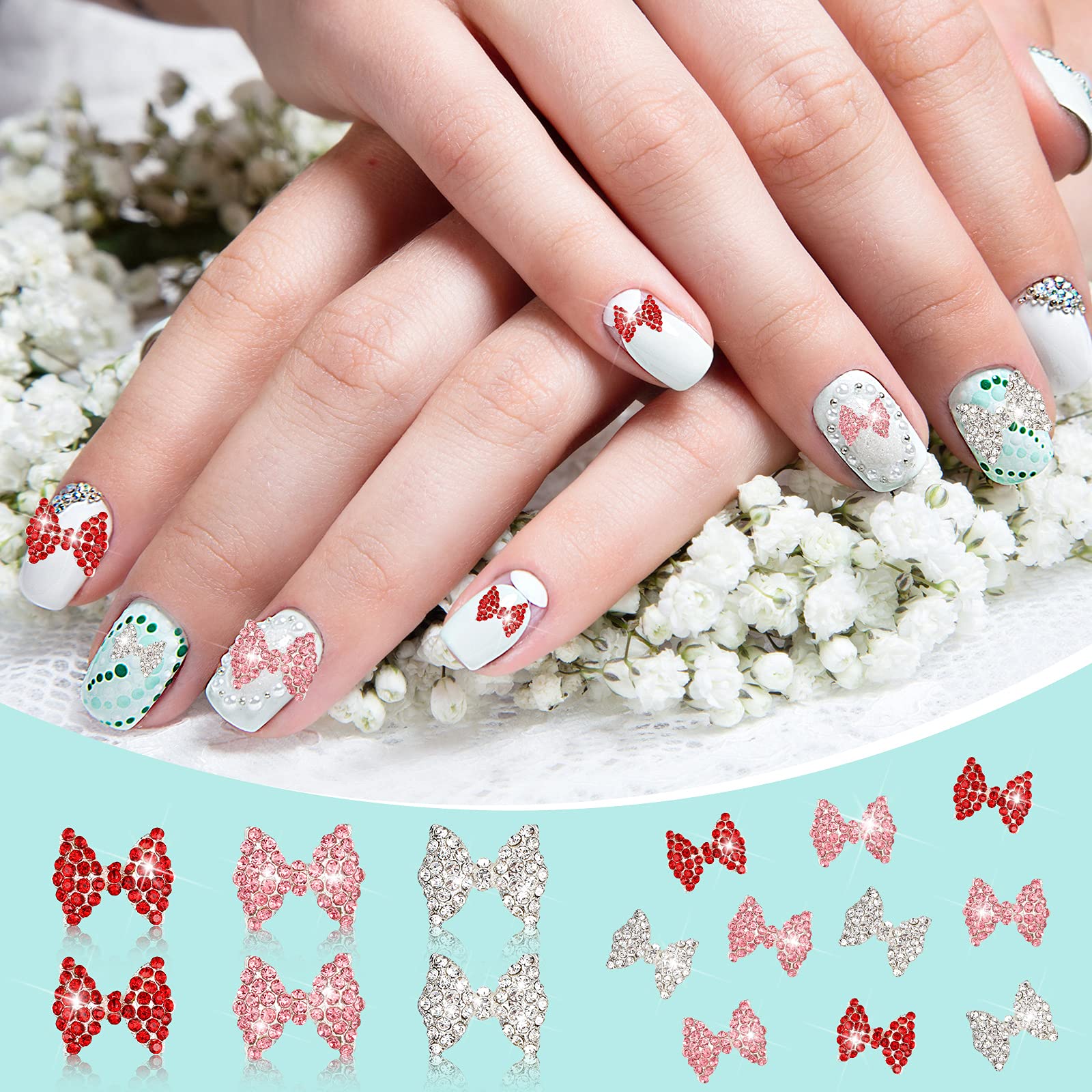 Maitys 24 Pieces Valentine'S Day Nail Bows Charms Rhinestones 3D Nail Charms Nail Art Charms Alloy Pearl Bowknot Nail Accessory