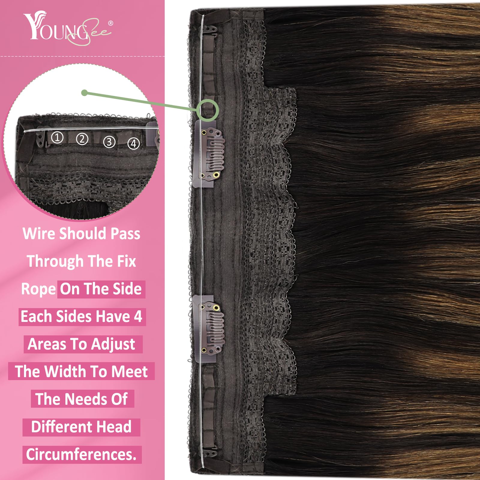 YoungSee Wire Hair Extensions Brown Balayage Straight Wire Real Hair - Darkest Brown & Medium Brown, Hypoallergenic Fish Line De