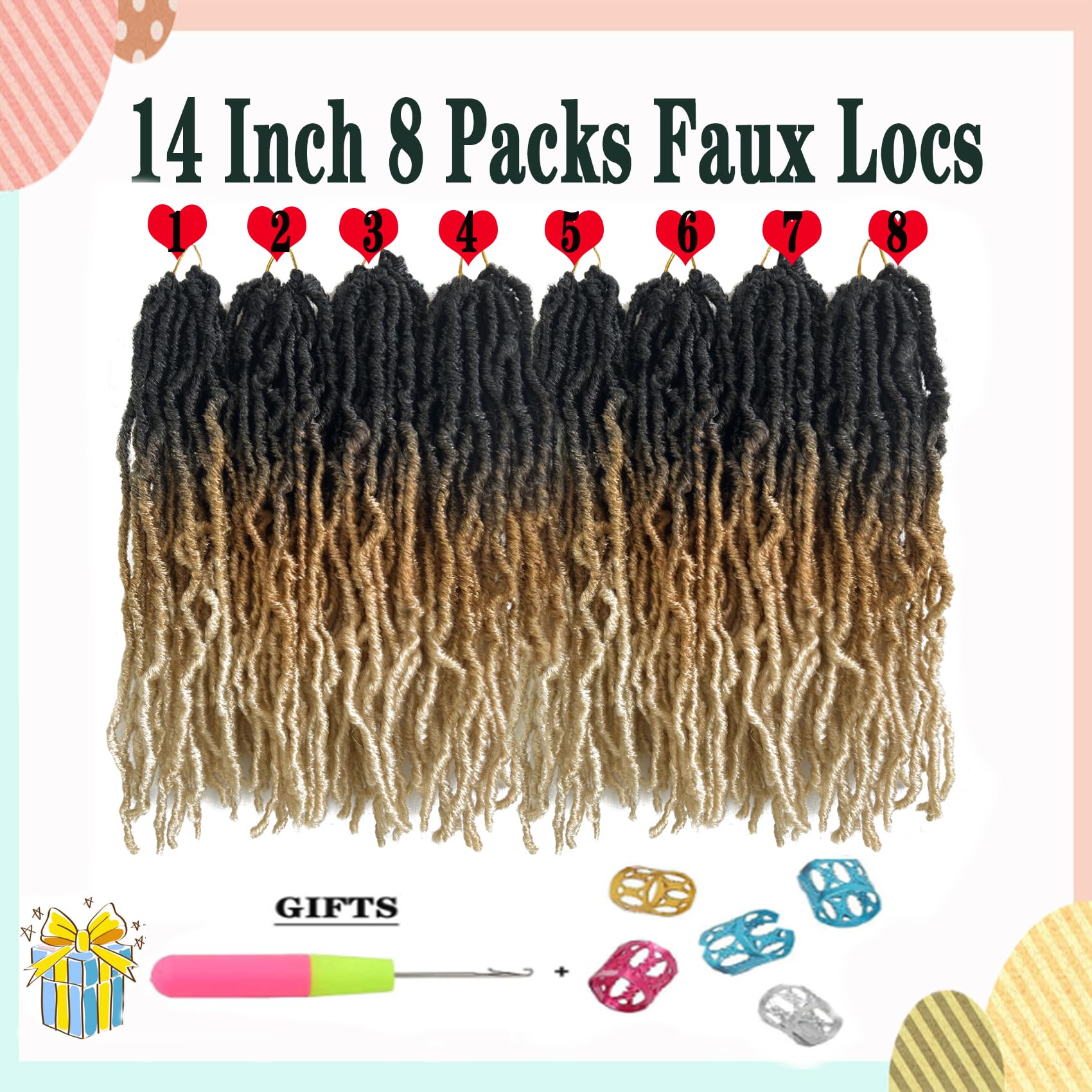 Ombre Soft Faux Locs Crochet Hair 14 Inch New Soft Locs 8 Packs Pre-Looped Crochet Braids Short Soft Goddess Locs Curly Wavy Cro