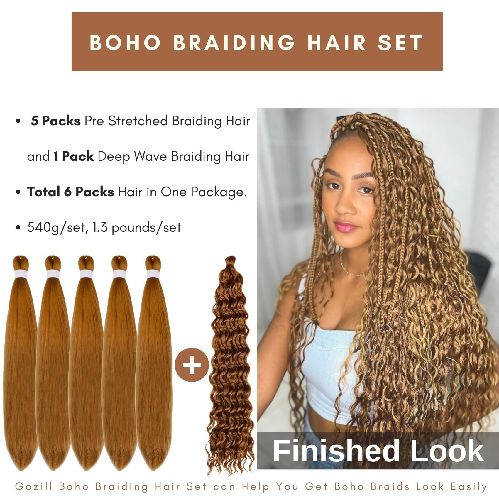 Gozill Honey Blonde Braiding Hair Pre Stretched Kanekalon Braiding Hair For Boho Braids(6 Pakcs)