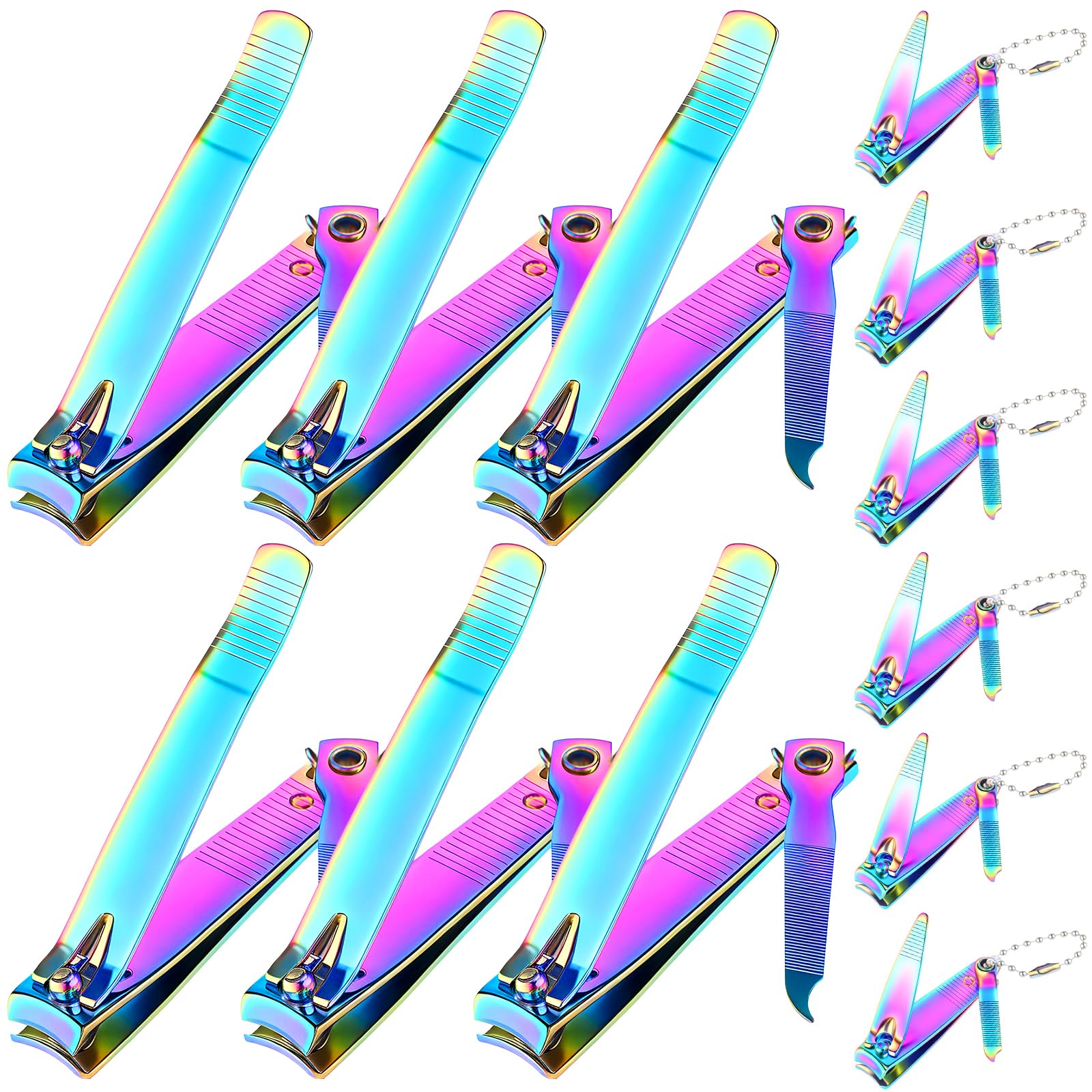 Bememo 12 Pieces Stainless Nail Clippers Set Fingernail and Toenail Clippers Nail Cutter Tool Set for Men and Women (Rainbow)