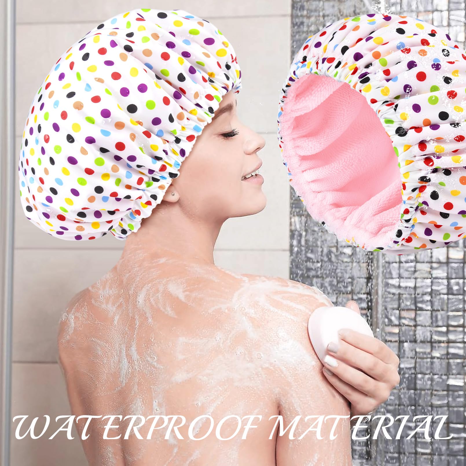 Shower Cap For Women Terry Lined Bath Cap Large Reusable Waterproof Elastic Band Pink Point Shower Caps For Long Thick Hair Soft