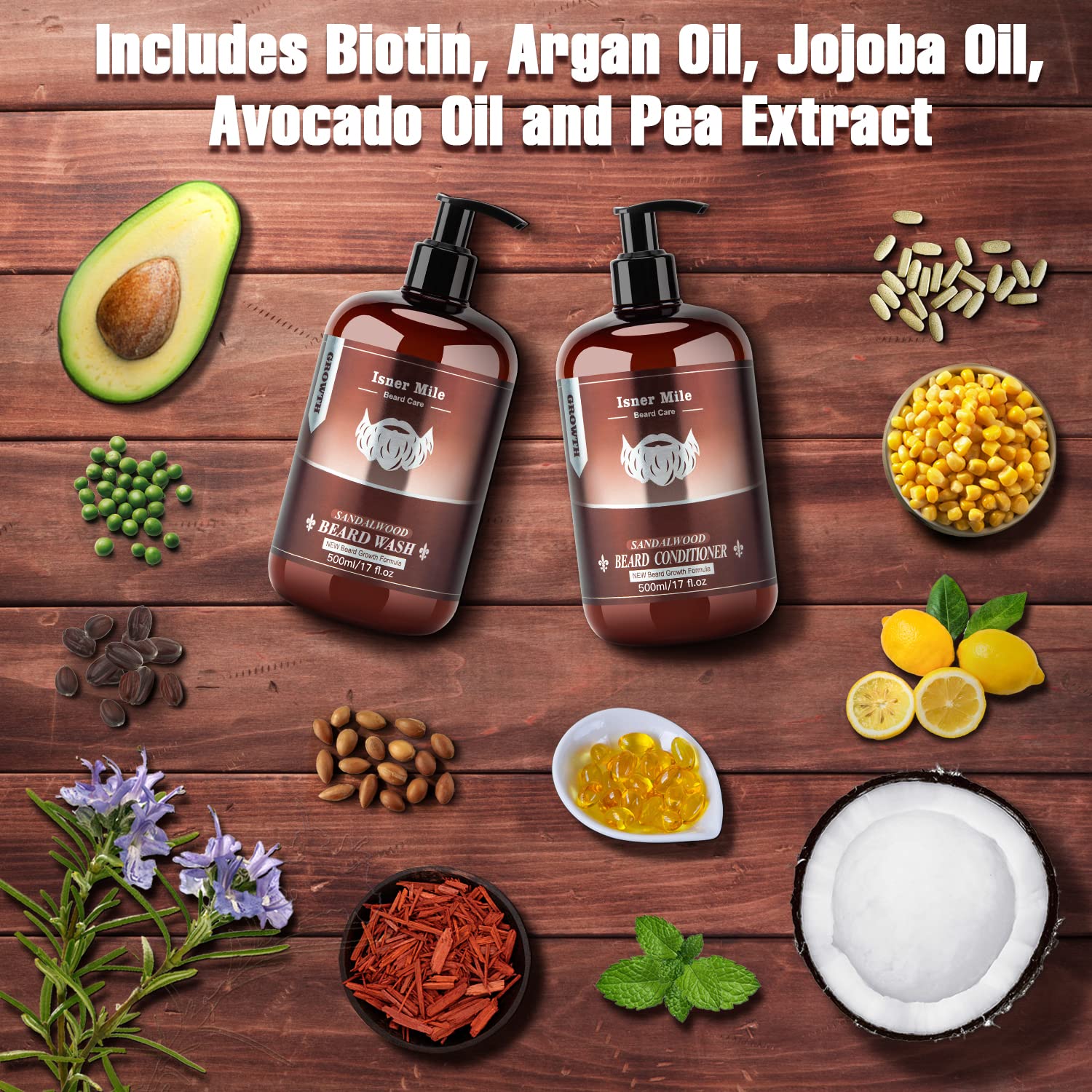 Beard Wash & Beard Conditioner Set (17Oz) Natural Sandalwood Men Beard Shampoo Conditioner Kit With Biotin, Argan Jojoba Oil, De