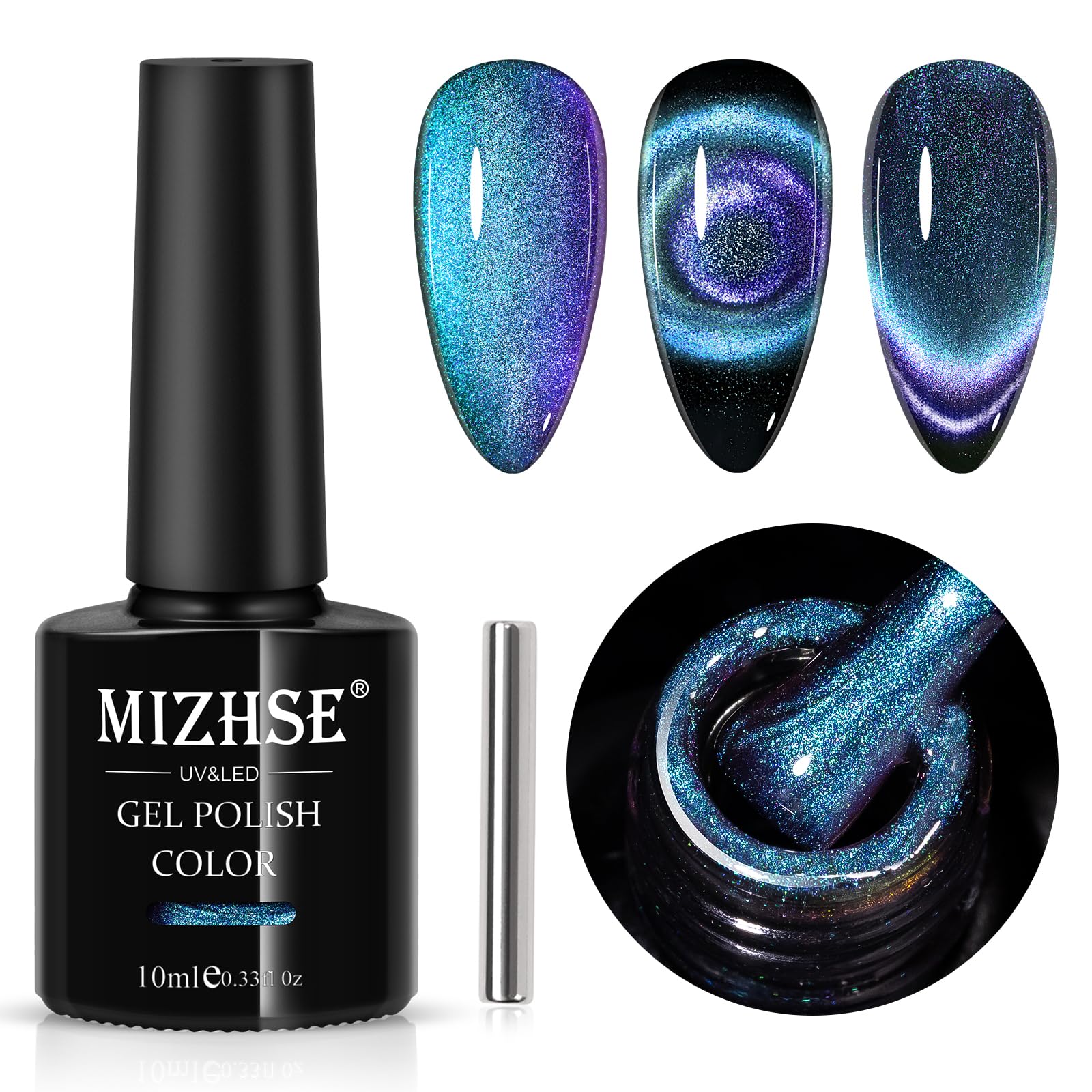 Mizhse 9D Cat Eye Gel Nail Polish, Silver Magnetic Gel Polish With Magnet Stick, Magic Shimmer Galaxy Effect Holographic Glitter