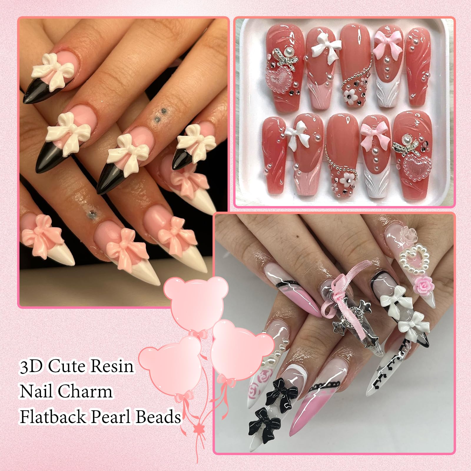 300Pcs Bow Nail Charms And Flatback Pearls,Blue Bowknot 3D Cute Nail Charms For Acrylic Nail Supplies Design,3-5Mm White Half Pe