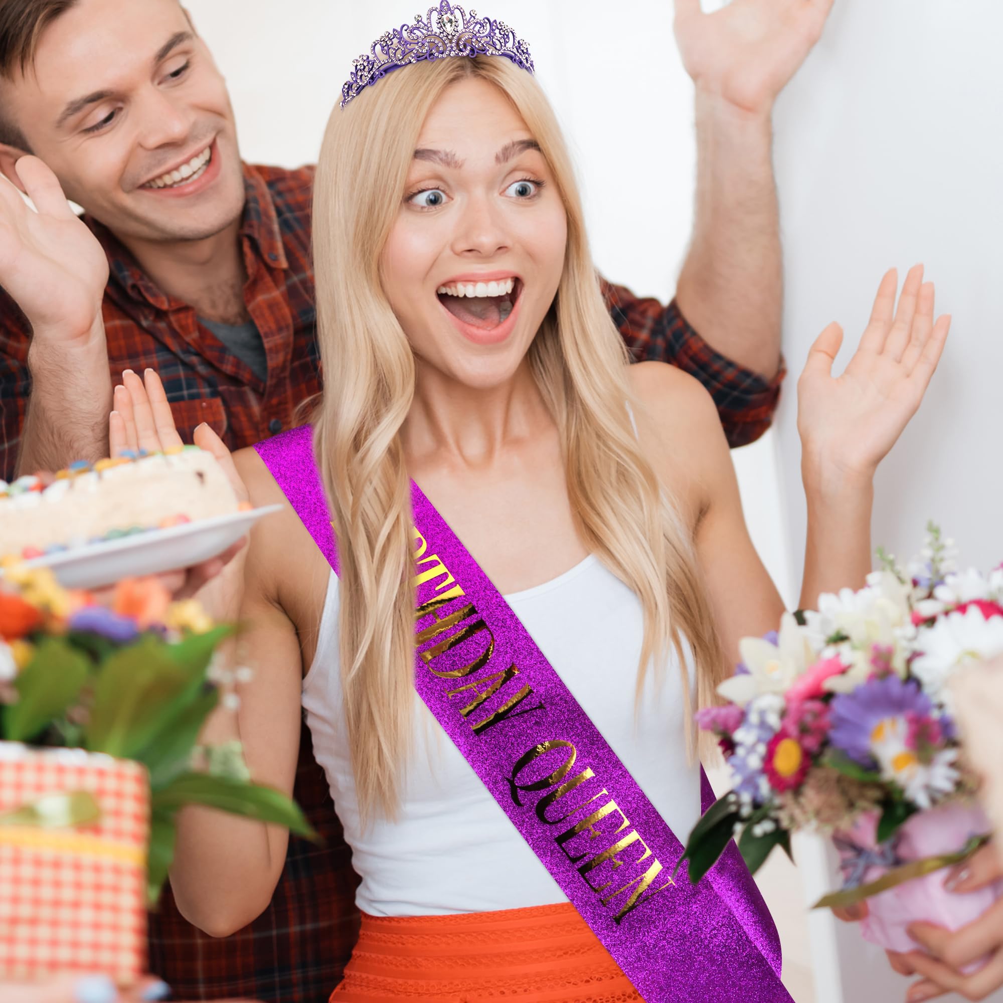 COCIDE Birthday Sash for Women Happy Birthday Crown Tiaras for Women Queen Princess Headband for Party Purple & Gold Decoration