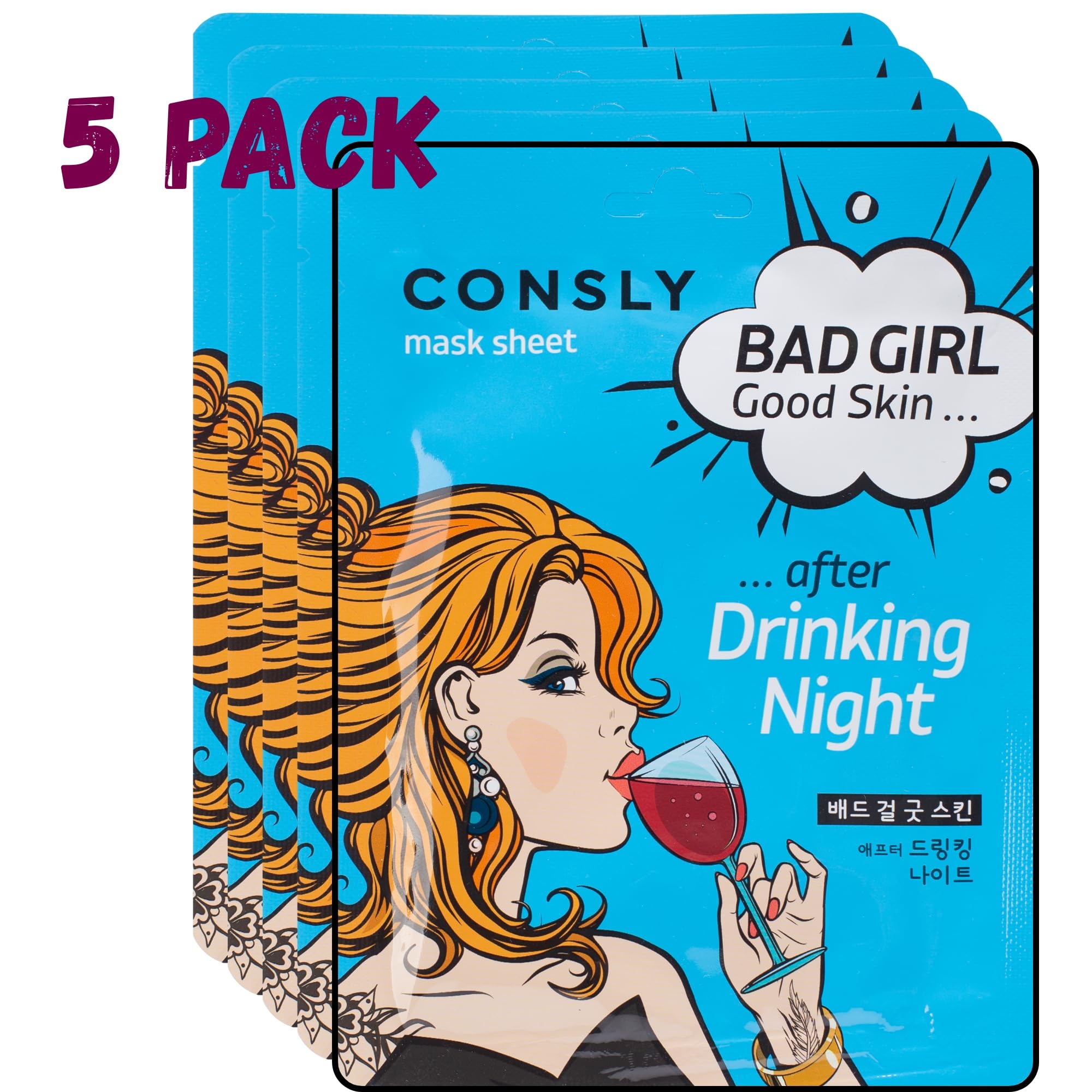 CONSLY BAD GIRL Korean Sheet Mask Pack  After Drinking Night | Hydrating & Refreshing Face Mask | 5 Pack | KBeauty Skincare | 