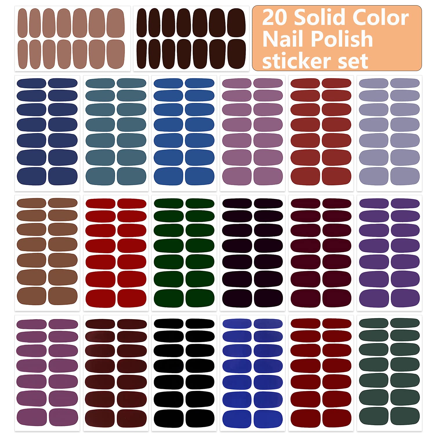 WOKOTO 20 Sheets Dark Solid Color Series Nail Polish Strips Stickers with Nail File Self-Adhesive Punk Rock Gel Nail Strips Full