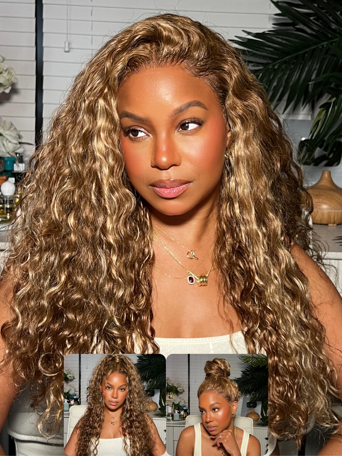 Nadula 7X5 No Slip Honey Blonde Water Wave Drawstring Wig Human Hair, Pre Cut Glueless Bye Bye Knots Lace Closure Wig Pre Plucke