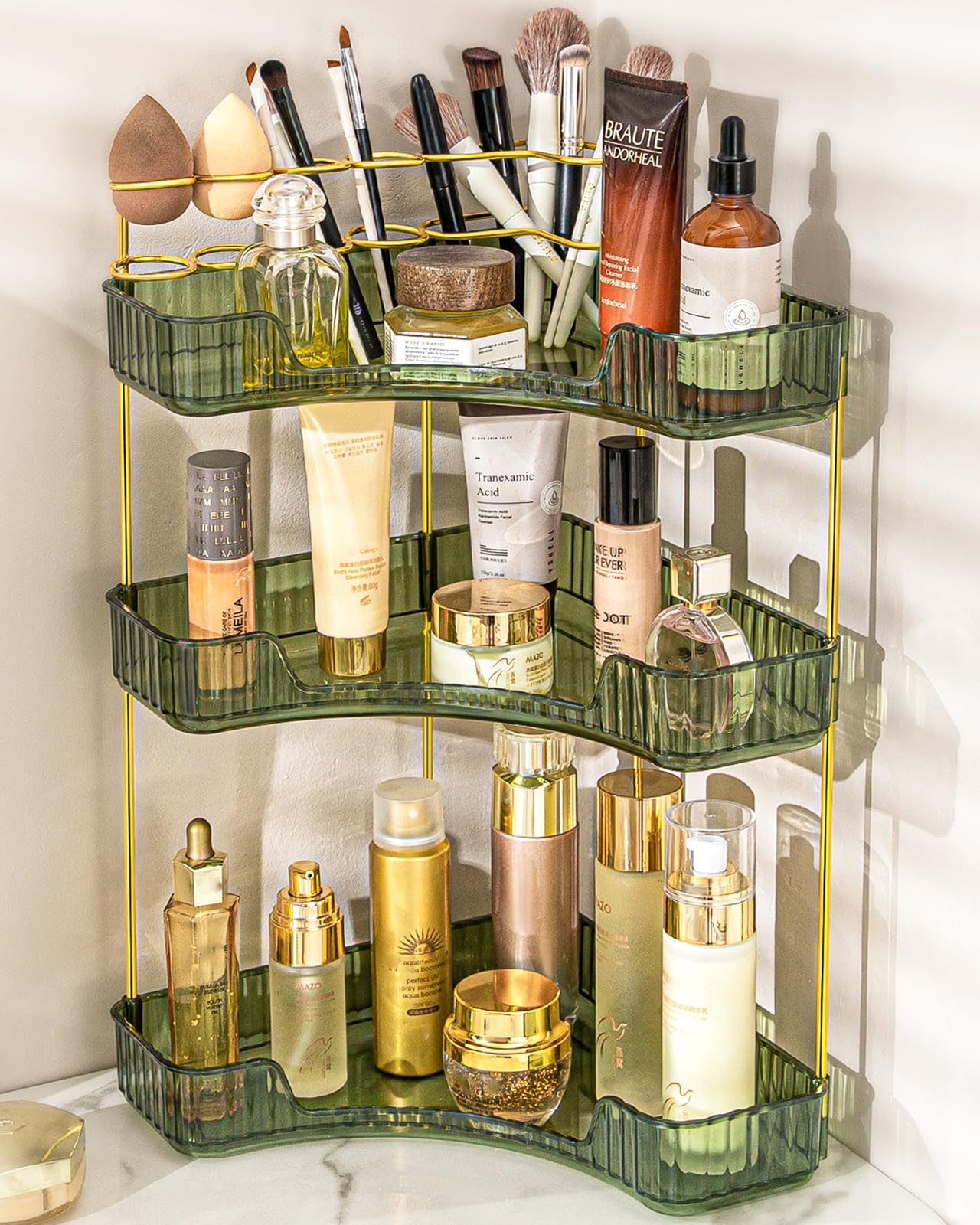 Nature'S Source Makeup Organizer For Vanity, 3-Tier Corner Bathroom Organizer Countertop With Makeup Brush Holder, Corner Counte