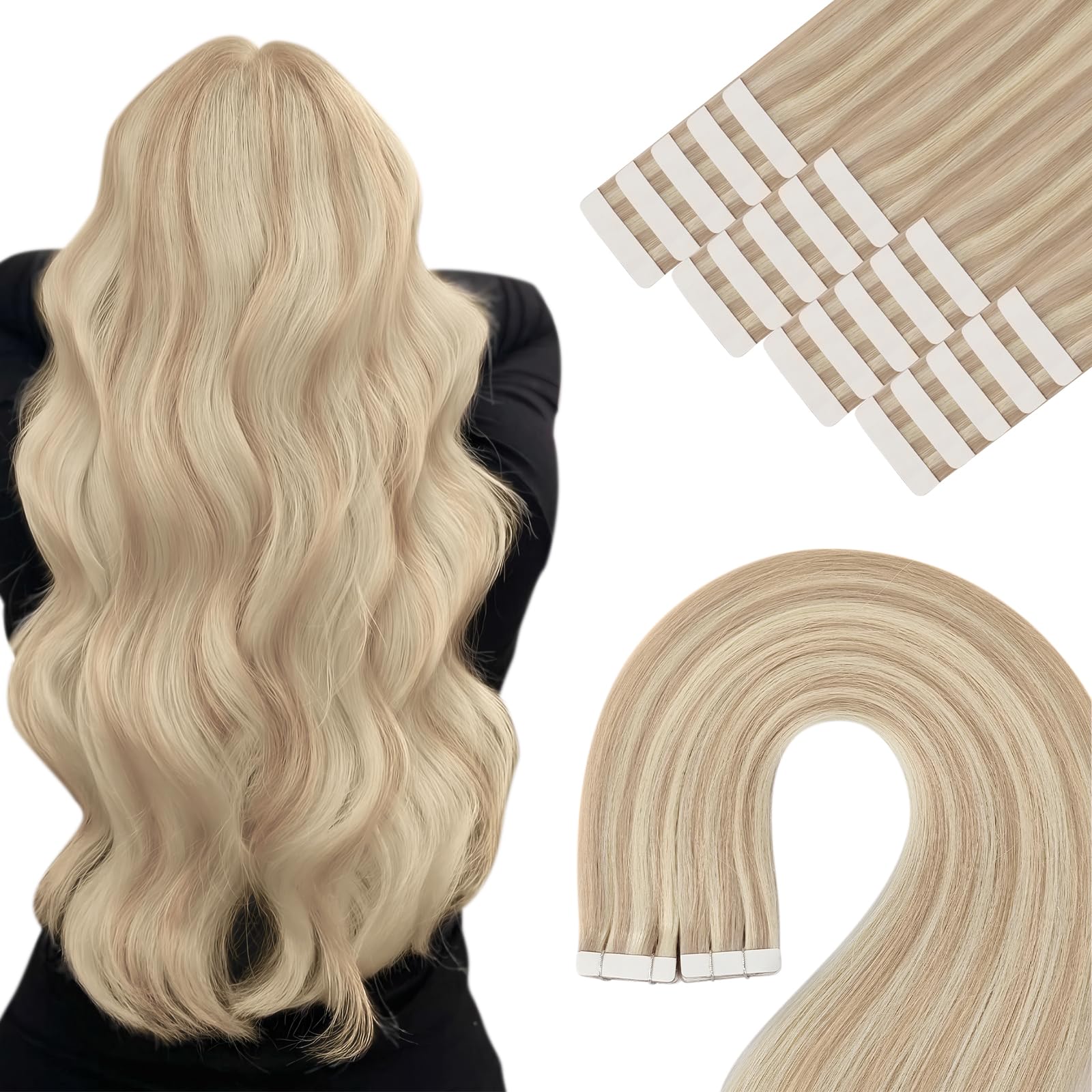 YoungSee Tape in Human Hair Extensions Blonde Highlight Hair Tape in Extensions Light Blonde Highlighted Strawberry Blonde Tape 