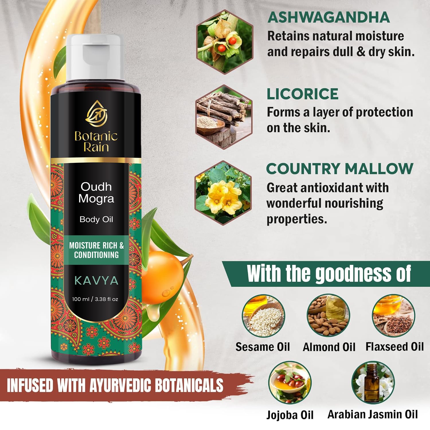 Botanic Rain Ayurveda Body Oil With Oudh & Mogra, Organic Body Oil After Shower, Moisturizing & Hydrating Natural Body Oils For
