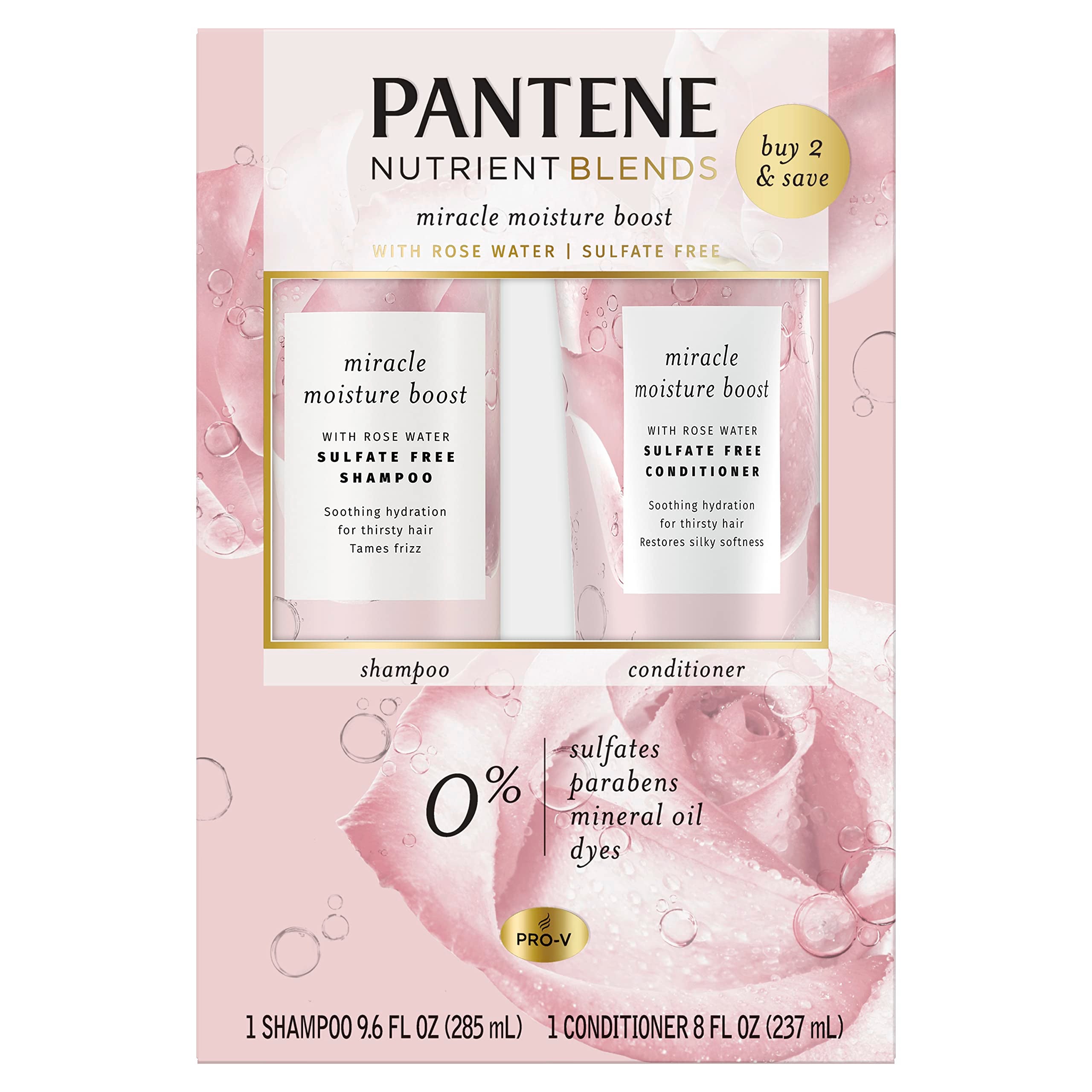 Pantene Nutrient Blends Miracle Moisture Boost Rose Water Shampoo & Conditioner Dual Pack For Dry Hair, Sulfate Free