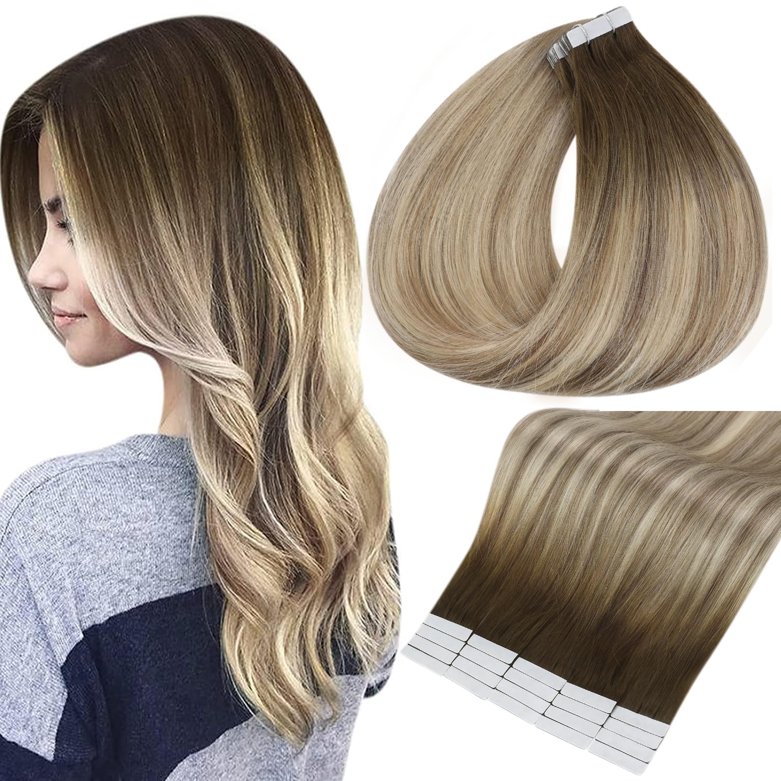Full Shine Tape In Hair Extensions 20 Inch Human Hair Tape Hair Extensions Balayage Color 3 Dark Brown Fading To 8 And 22 Blonde