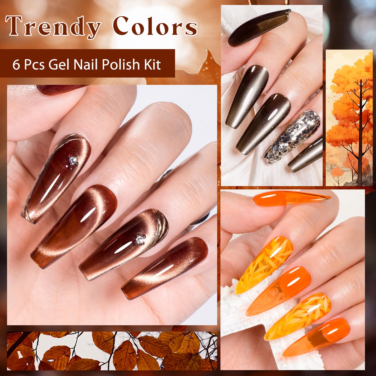 MEET ACROSS Cat Eye Gel Nail Polish Magnet Jelly Crystal Gel Nail Polish Kit Caramel Orange Amber Brown Grey Gel Polish Set with