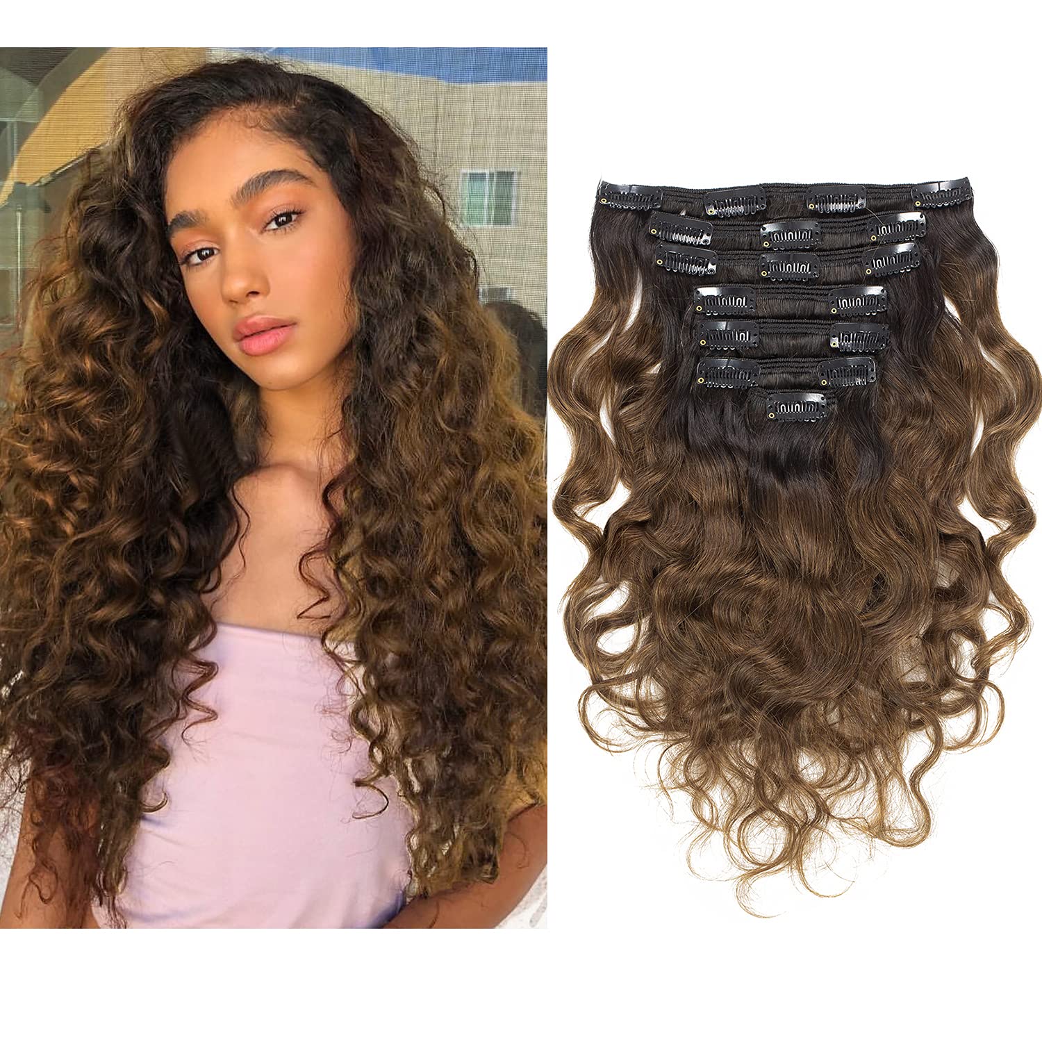 Lacer Curly in Hair Extensions 18 Inch Natural Wave Curly Ombre Natural Black 1B Fading into Dark Brown Human Hair Clip ins for 