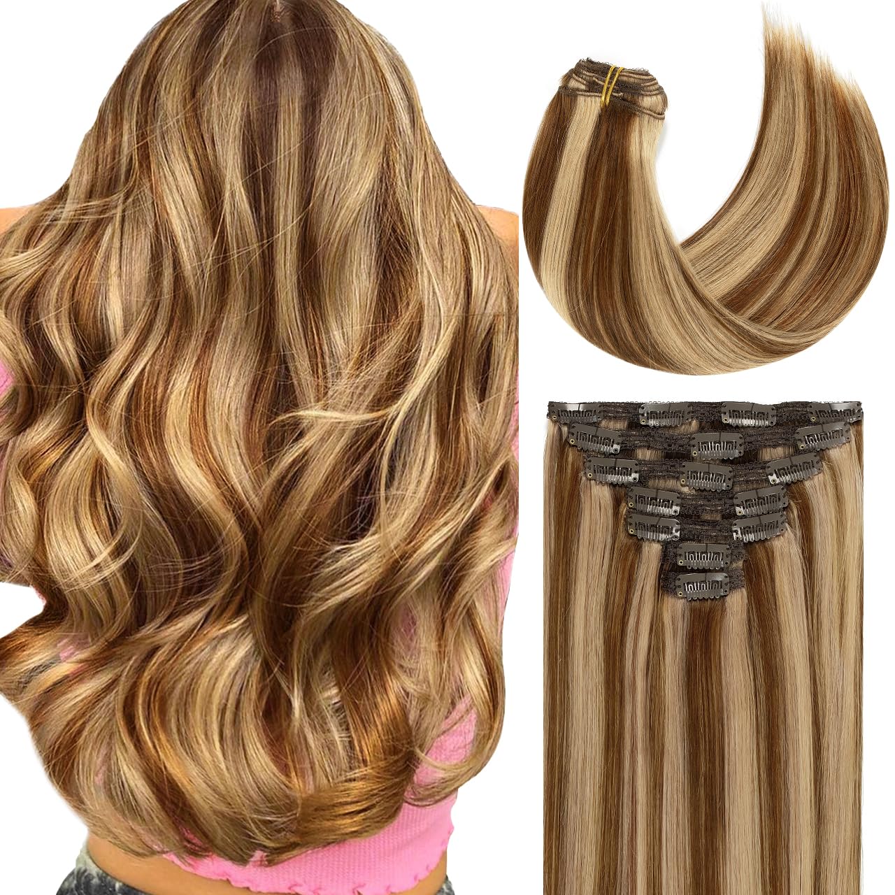 Lacer 14 Inch Natural Human Hair Clip in Extensions Color P#4/12 Chocolate Brown Lowlight Light Golden Brown Mixed with Soft Sil