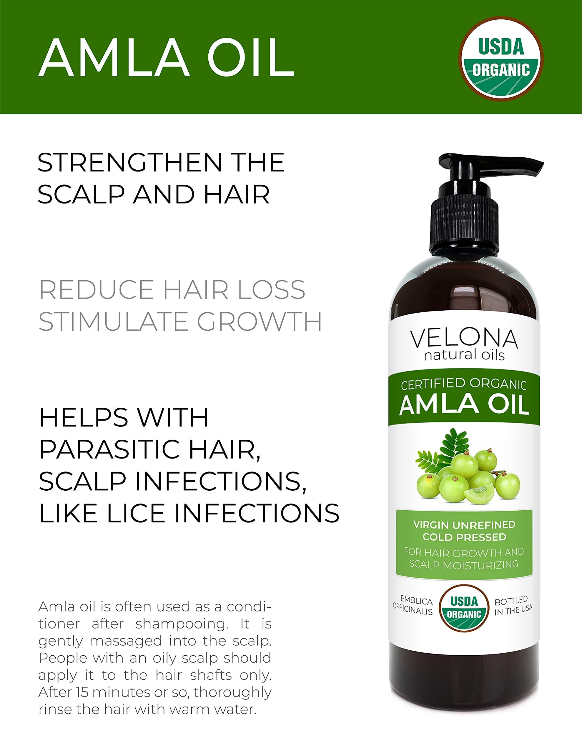 velona Amla Oil USDA Certified Organic - 16 oz | 100% Pure and Natural Carrier Oil | Extra Virgin, Unrefined, Cold Pressed | Hai