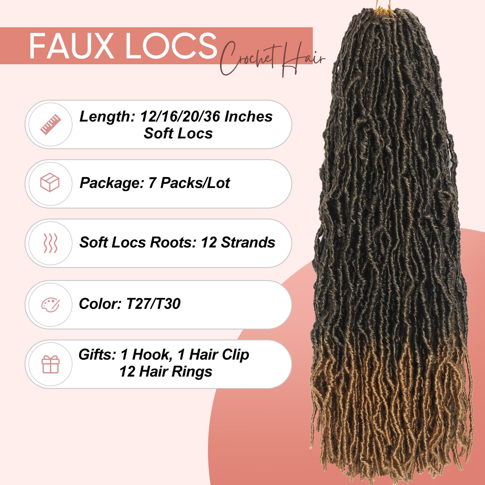 16 Inch Faux Locs Crochet Hair 7 Packs Soft Locs Crochet Hair Extensions For Women Daily Use Ombre Color T27