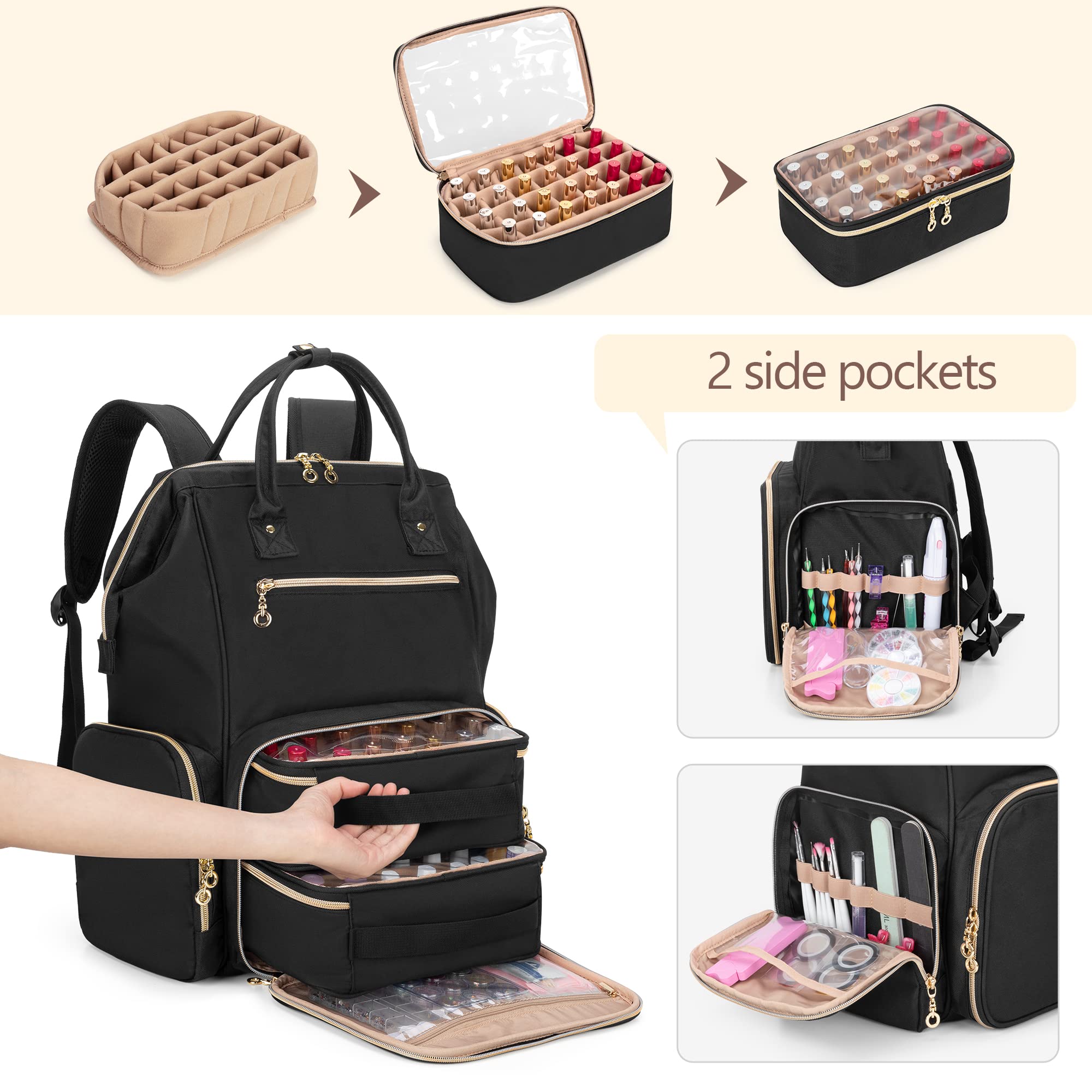 Bafaso Nail Polish Organizer Backpack Holds 56 Bottles And A Nail Lamp, Nail Polish Bag With 2 Removable Pouches And Tools Stora