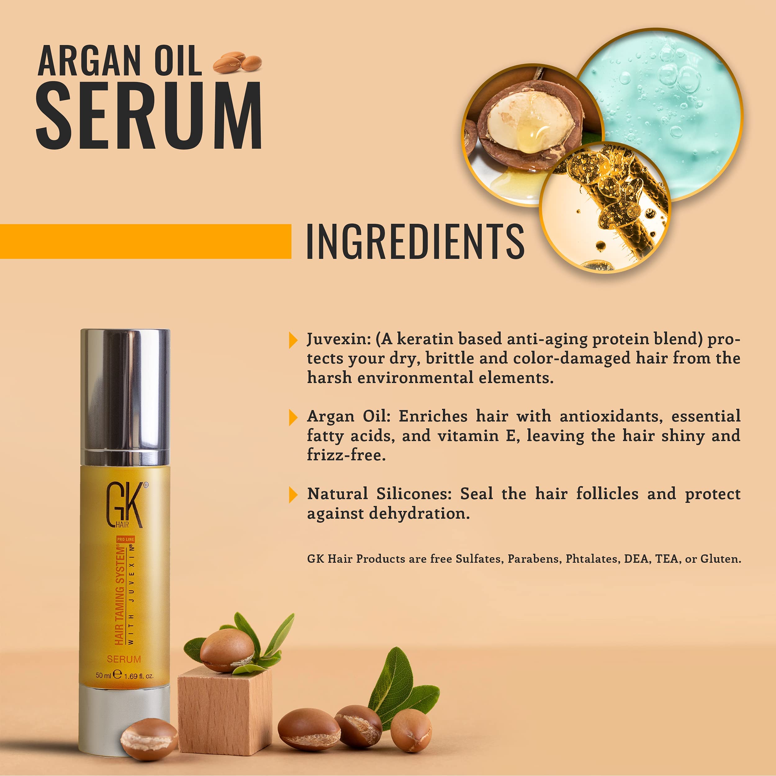 Global Keratin Gkhair Smoothing Serum - 100% Pure Organic Argan Oil 1.69 Fl. Oz Hydrating Strength Shine Dry Damaged Repair Anti