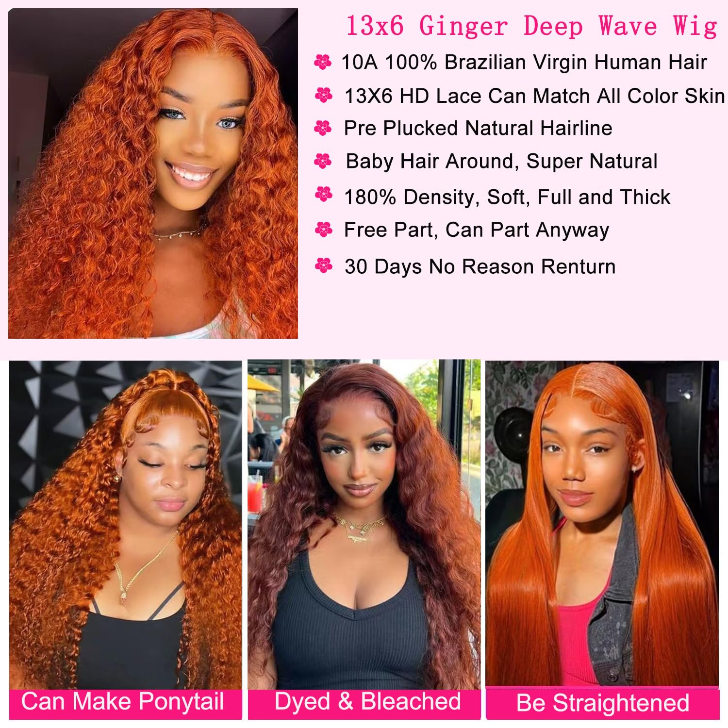 30 Inch Human Hair Lace Front Wig - Deep Wave, Curly & Wavy Styles - 13x6 Density - Orange Ginger Color
