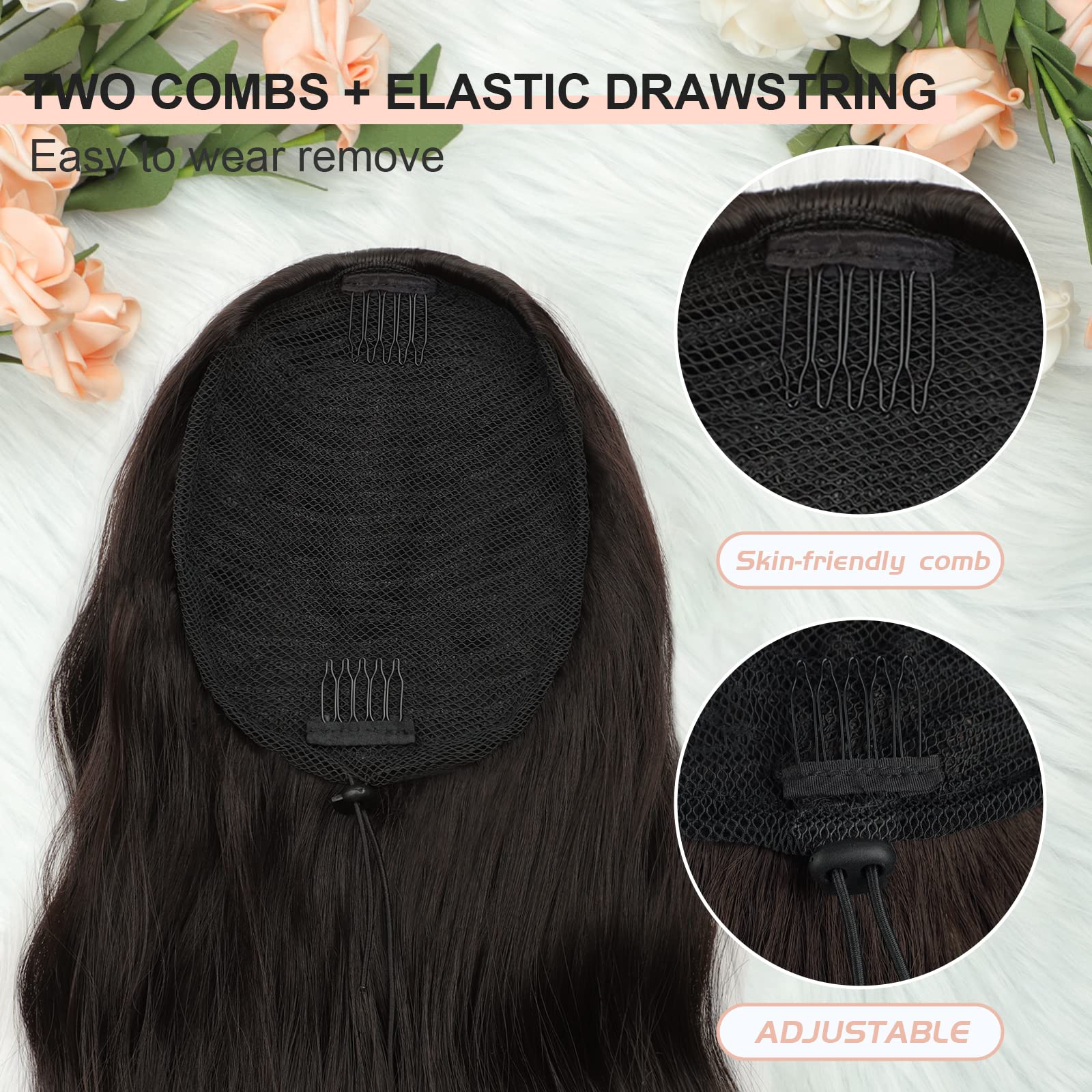 Freemeige Ponytail Extension, 26 Inch Long Wavy Drawstring Ponytail For Women Dark Brown Pony Tail Hair Extension Synthetic Pony