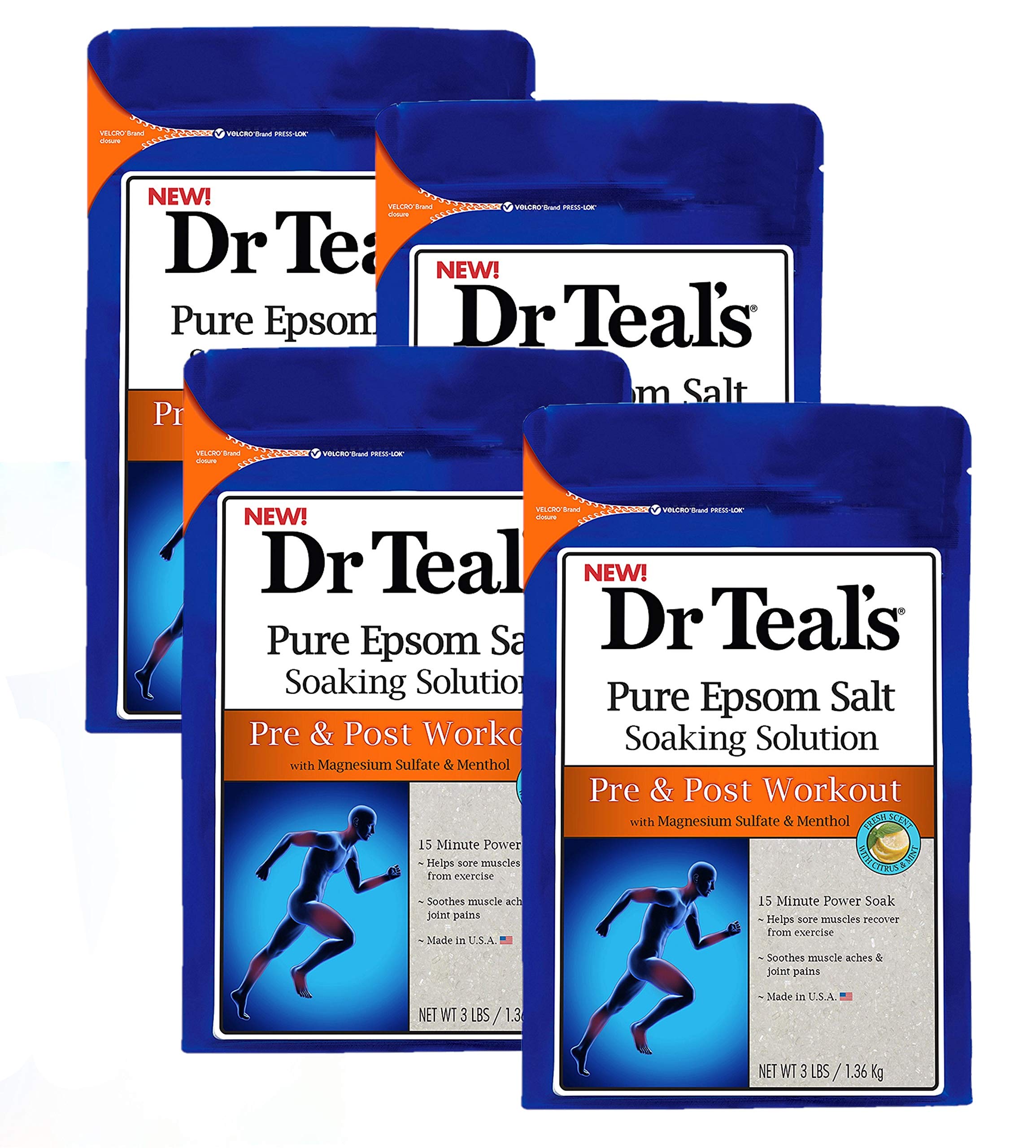 Dr. Teals Pre & Post Workout Epsom Salt Soaking Solution (4 Pack, 3lbs Ea.) - Essential Oils Blended with Pure Epsom Salt & Ment