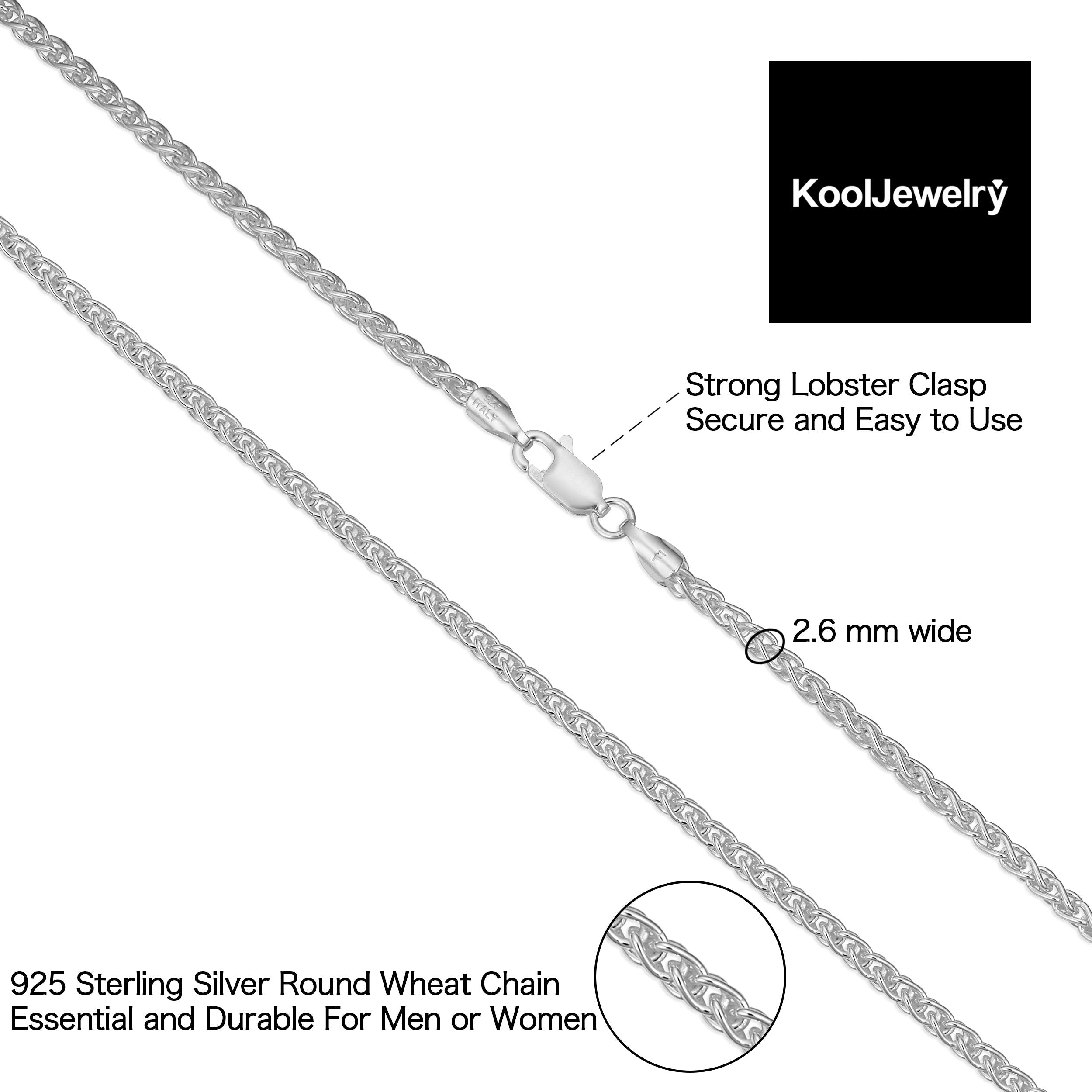 Kooljewelry Sterling Silver Round Wheat Chain Necklace (2.6 mm, 30 inch)