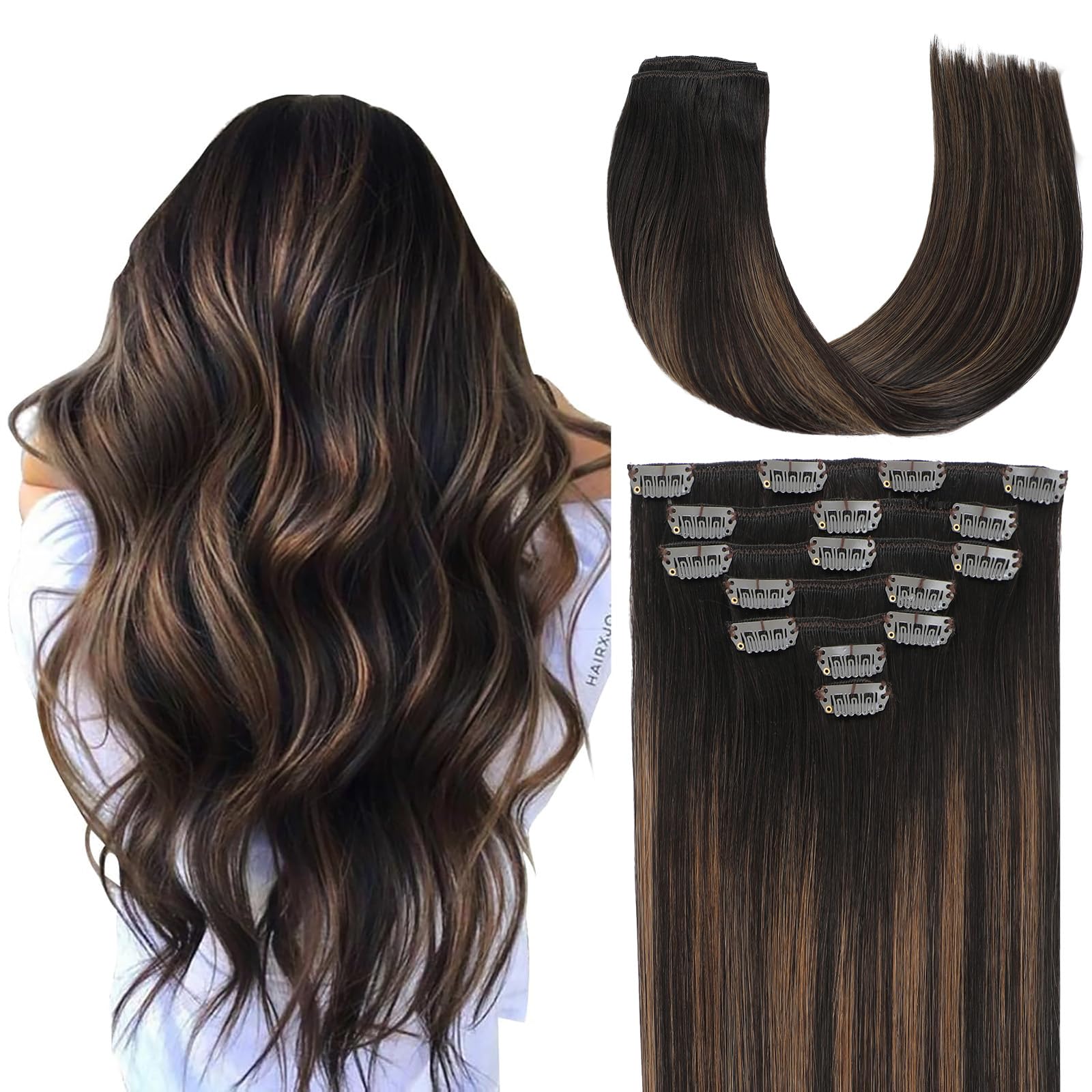 Befana Balayage Dark Brown to Chestnut Brown Clip in Hair Extensions,100% Real Human Hair,12inch 7Pcs 70g P2/6/T2 Straight Silky