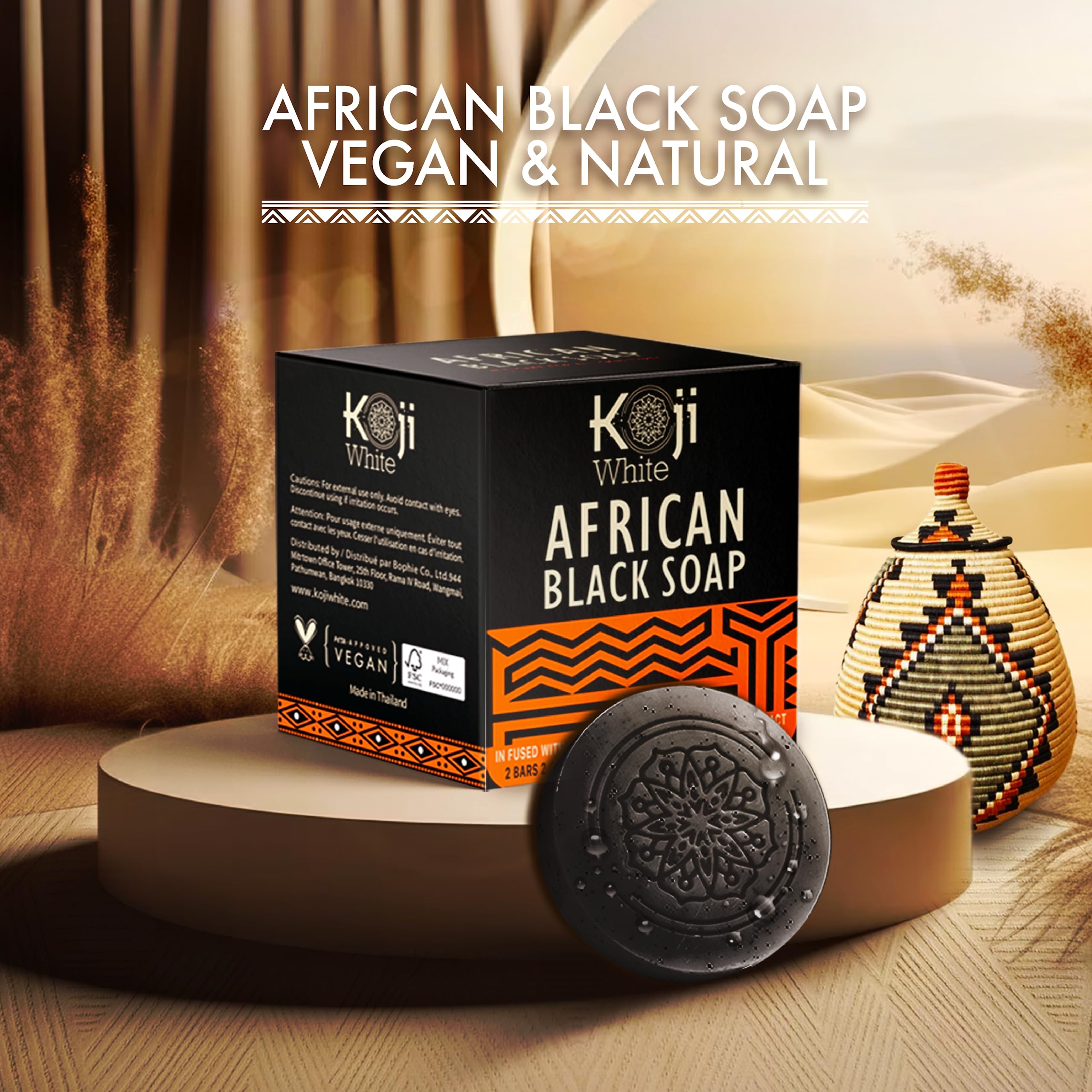 Koji White African Black Soap Bar For Face & Body Wash With Shea Butter - Exfoliating Soap, Moisturizer Skin With Kojic Acid, Al