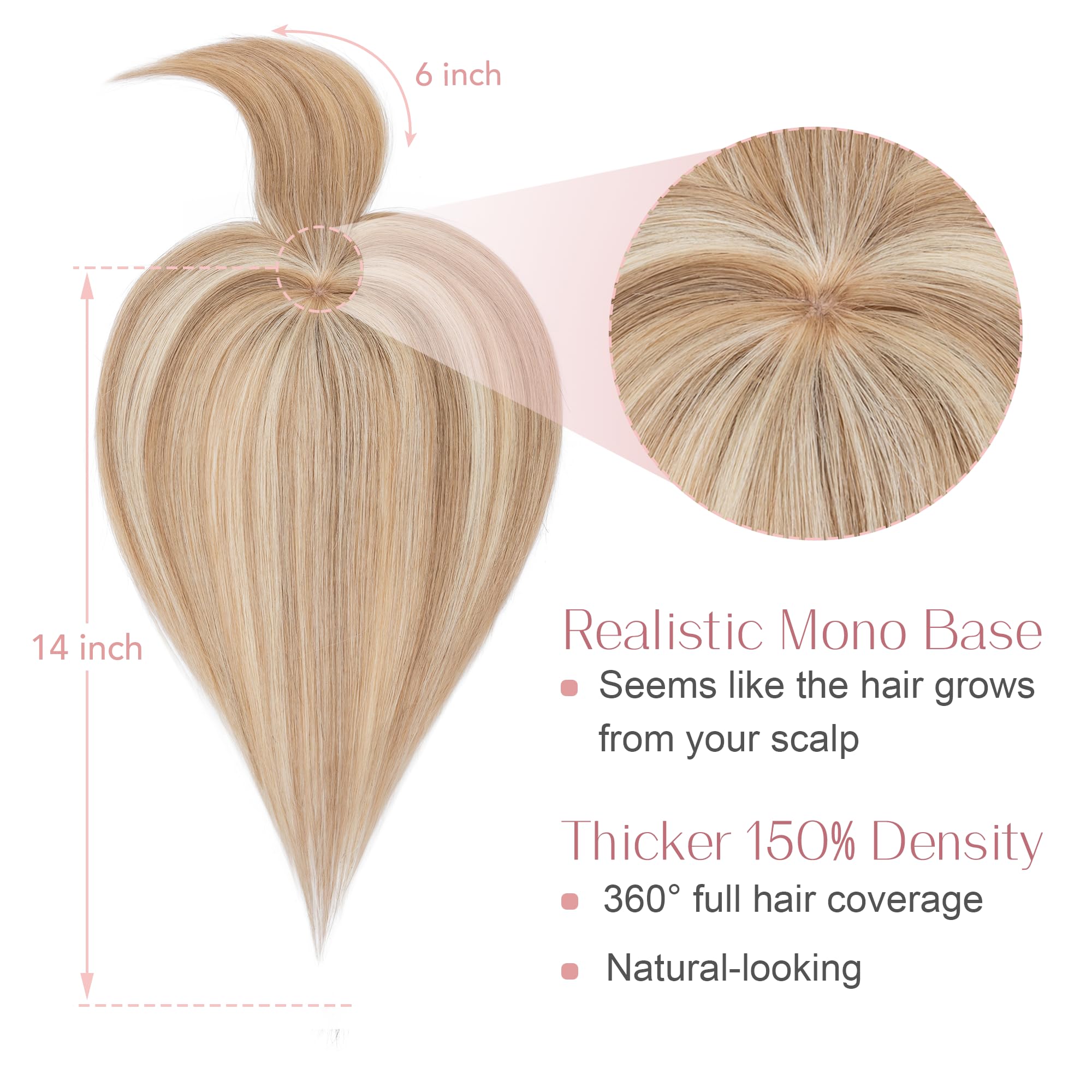 SEGO Hair Toppers for Women Real Human Hair with Bangs Mono Base 14 Inch Clip In Bangs Wiglets Topper Hair Pieces for Women with