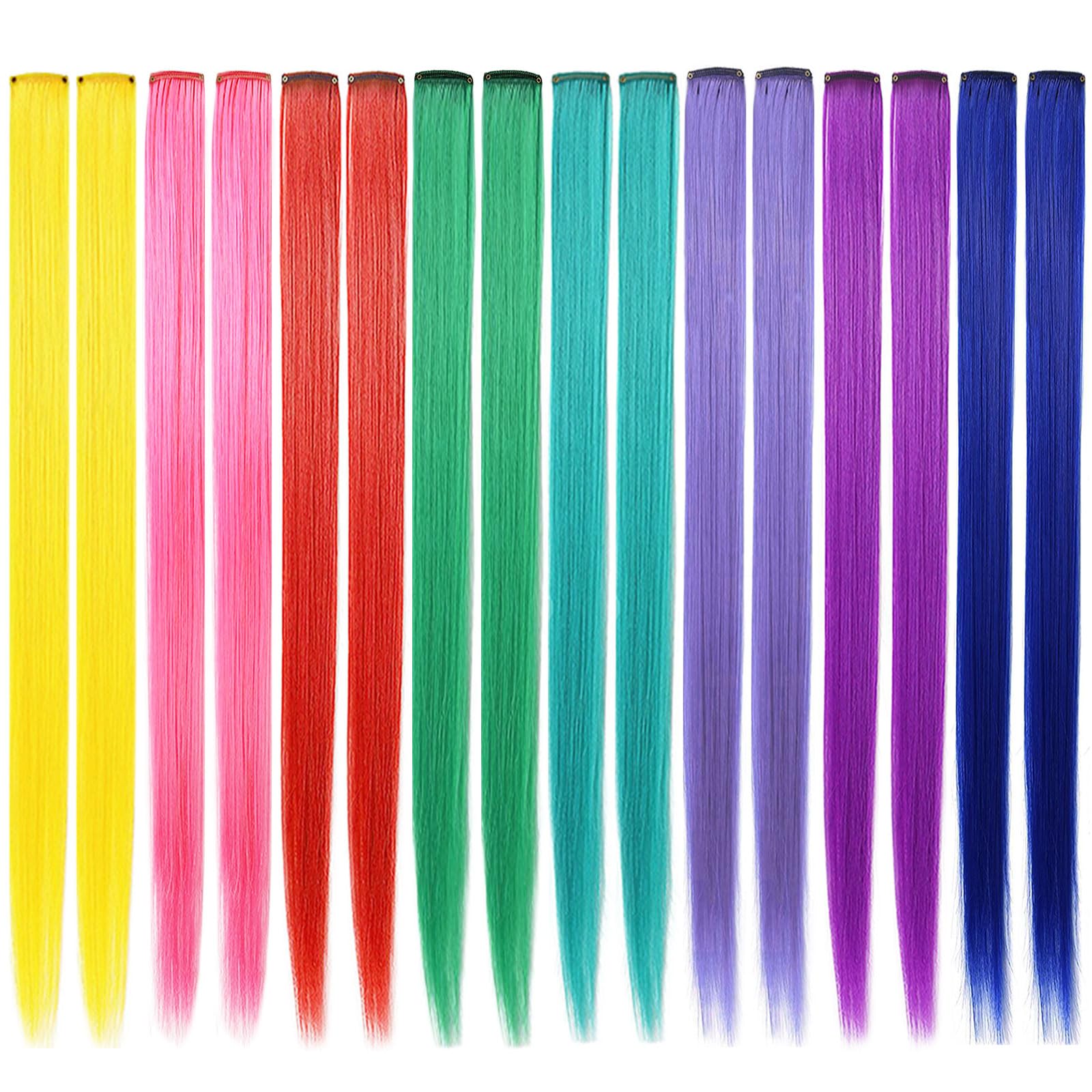 SARARHY 16PCS Fashion Hair Accessories Clip in/On Rainbow Wig Pieces for Amercian Girls and Teens Colored Hair Extension Party H