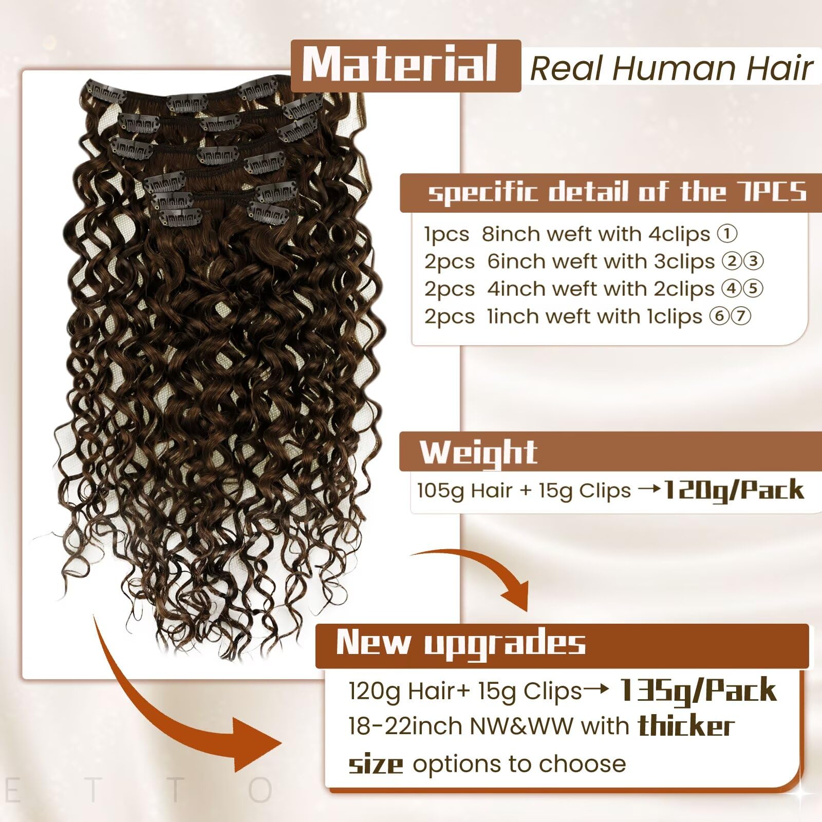 Hetto Natural Wavy Clip In Extensions Human Hair 20 Inch 120G Curly Hair Extensions Clip In Human Hair 7Pcs #4 Dark Borwn Clip I
