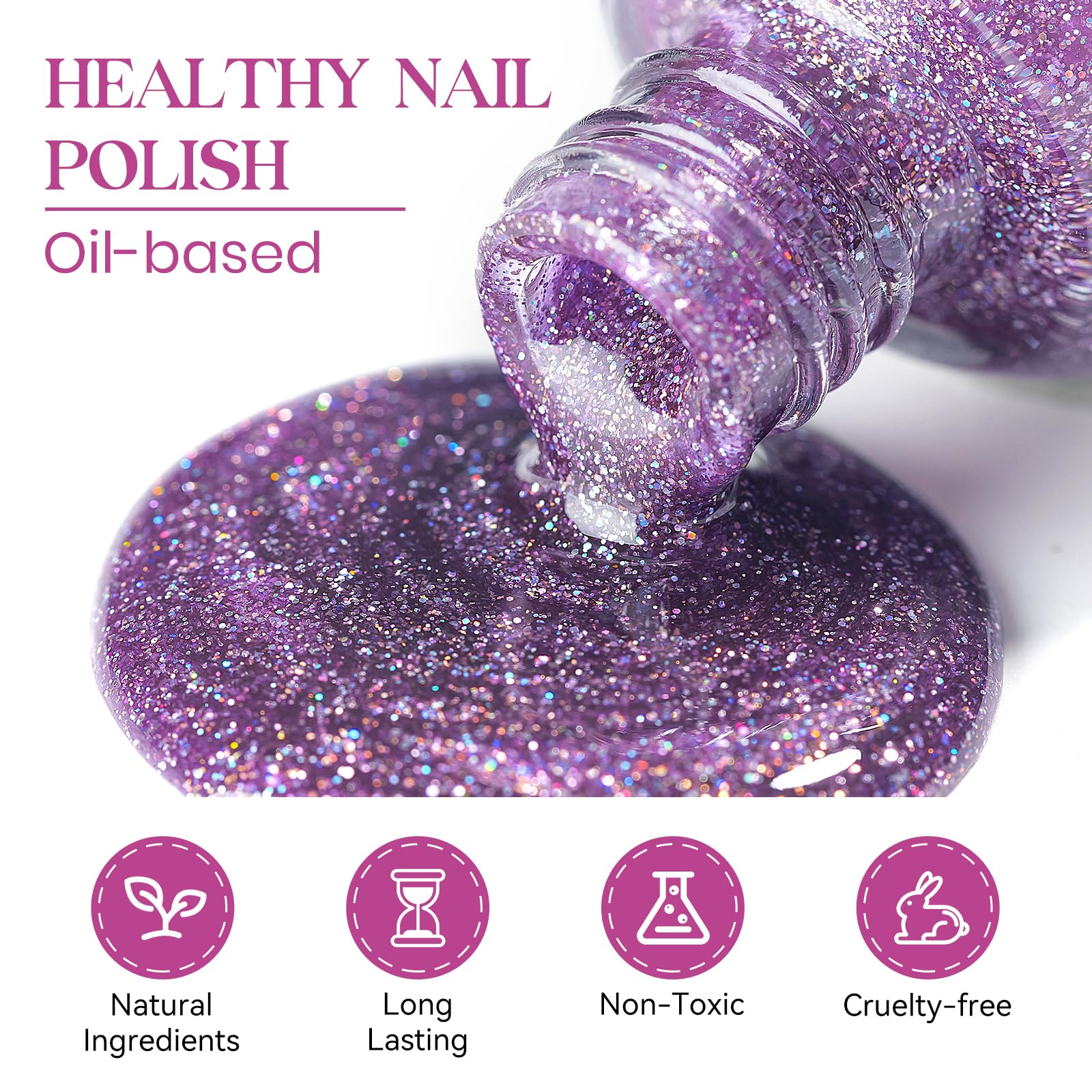 Mizhse Air Drying Fast Nail Polish, Glitter Purple Nail Polish Non Gel Quick Dry, 15Ml/0.5 Fl Oz Regular Sparkle Shimmery Oil-Ba